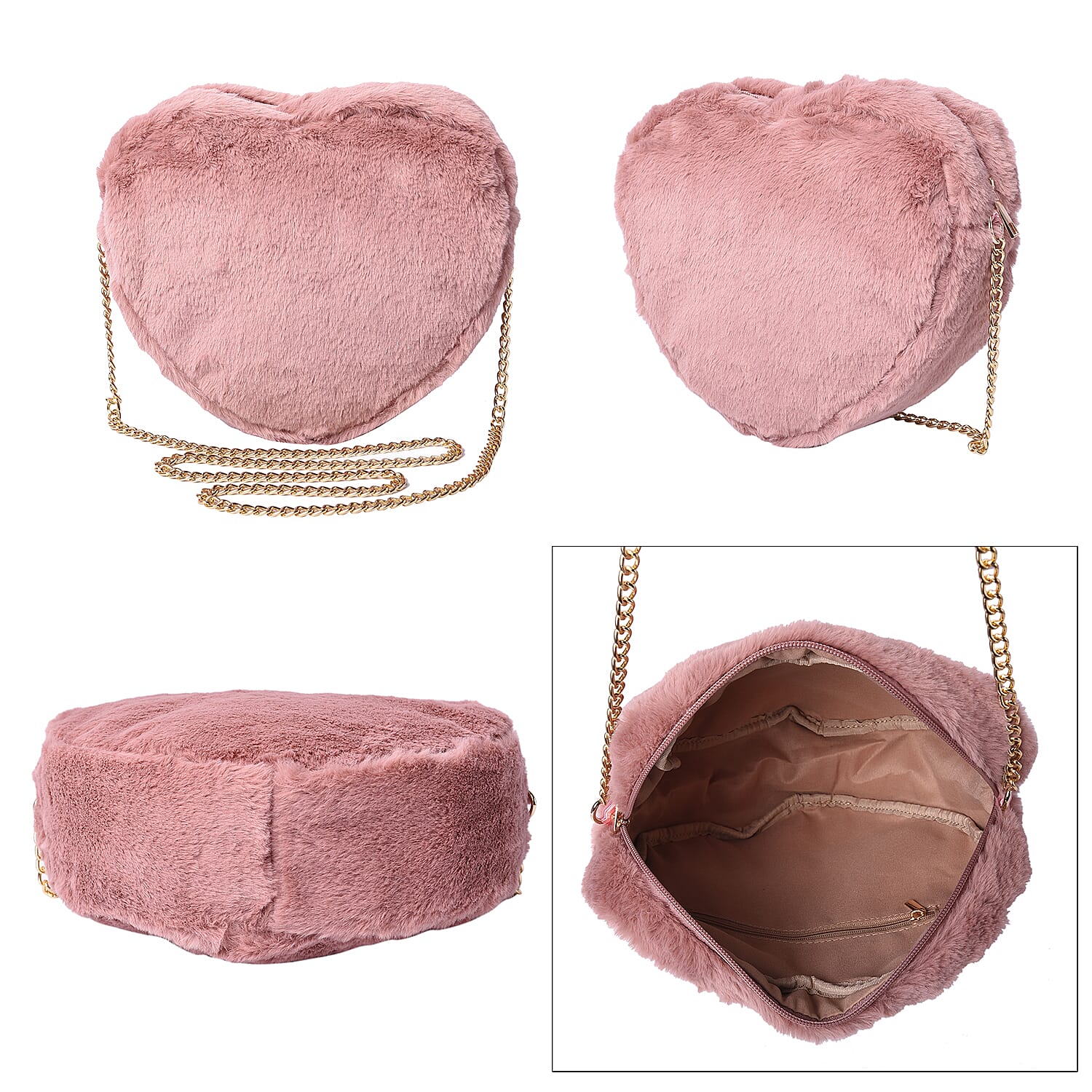 Pink Faux Fur Heart-Shaped Crossbody Bag with Chain Shoulder Strap in Gold Tone