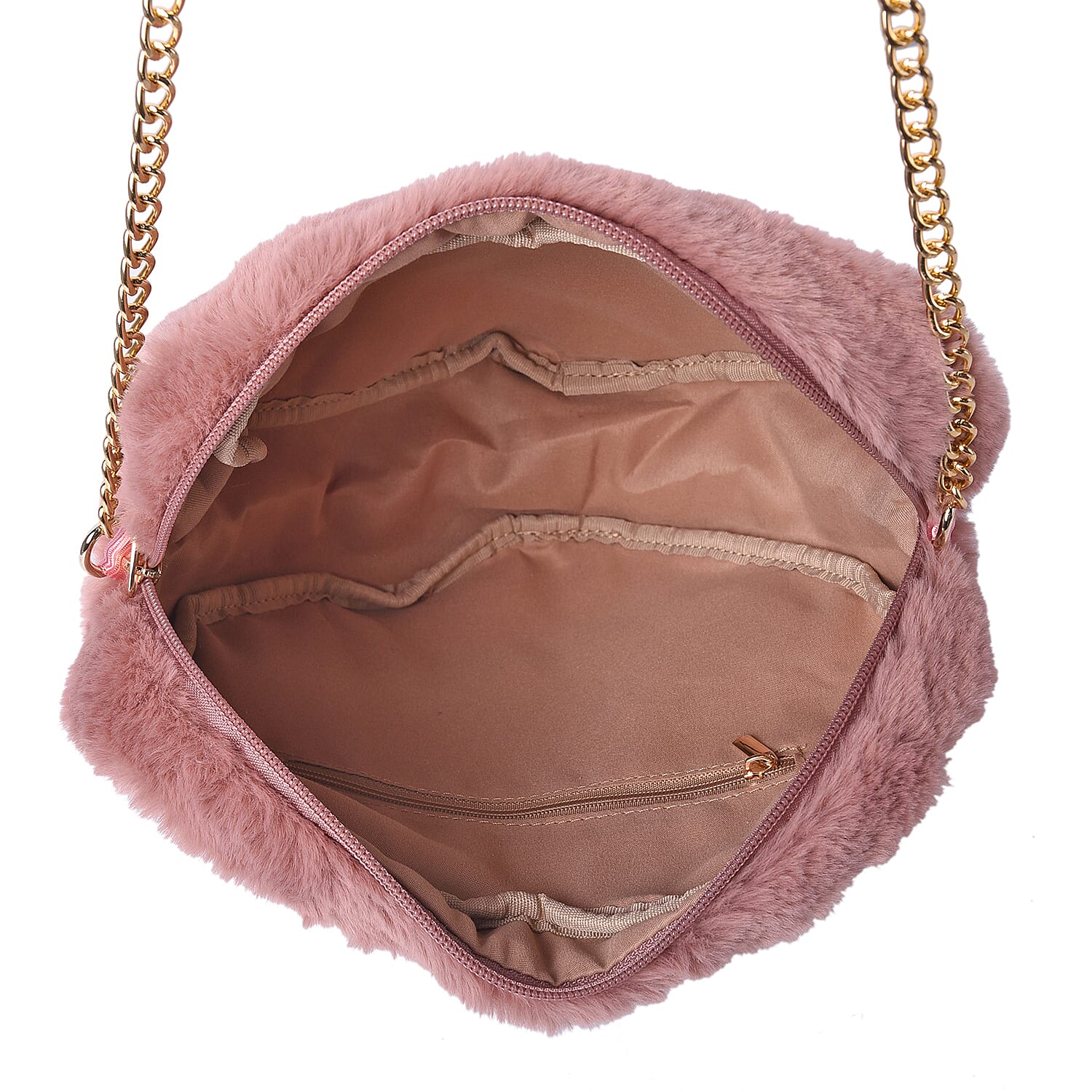 Pink Faux Fur Heart-Shaped Crossbody Bag with Chain Shoulder Strap in Gold Tone