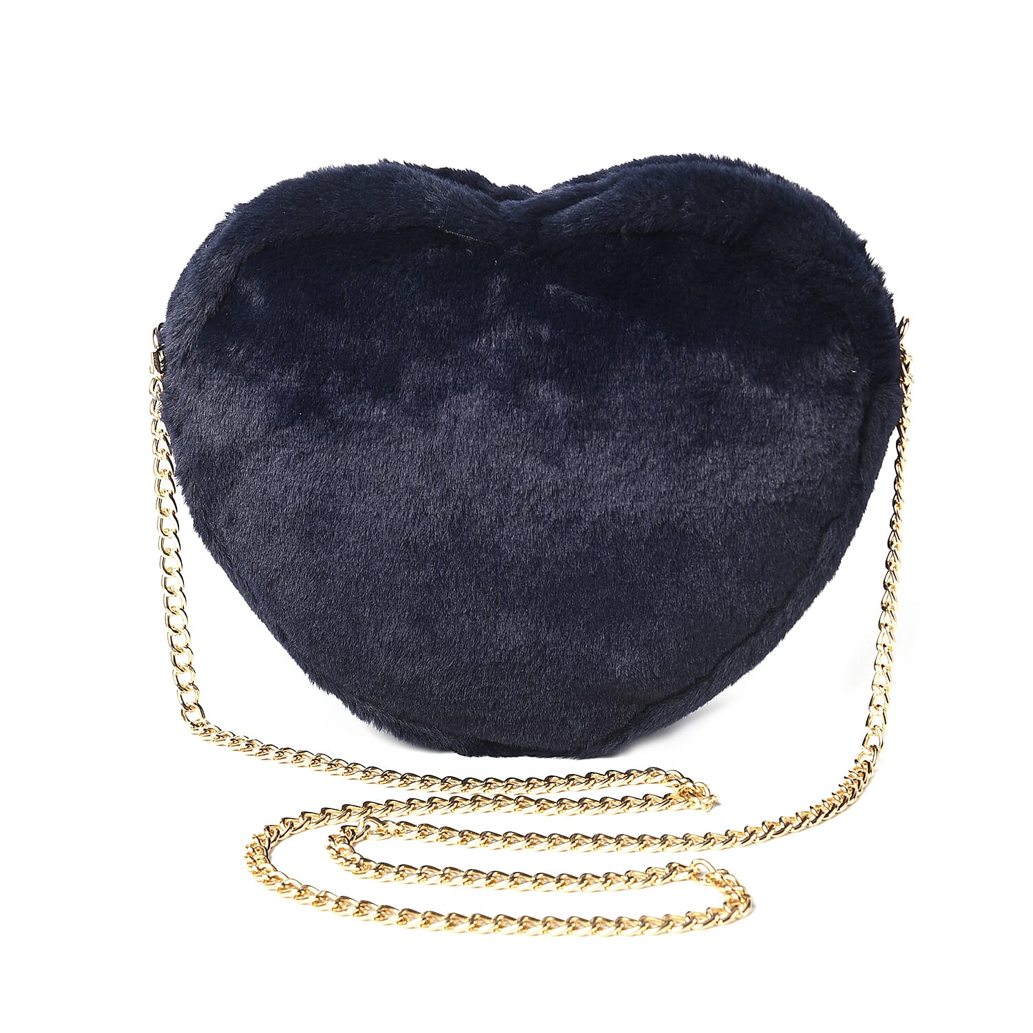 Navy Faux Fur Heart-Shaped Crossbody Bag with Chain Shoulder Strap in Gold Tone