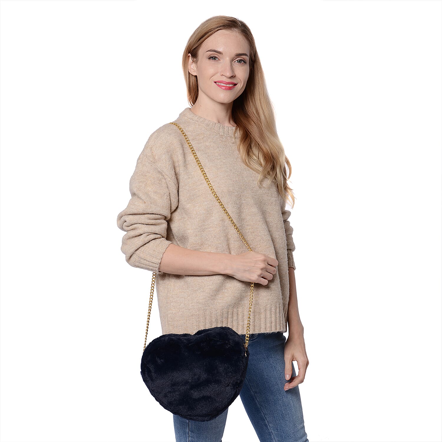 Navy Faux Fur Heart-Shaped Crossbody Bag with Chain Shoulder Strap in Gold Tone