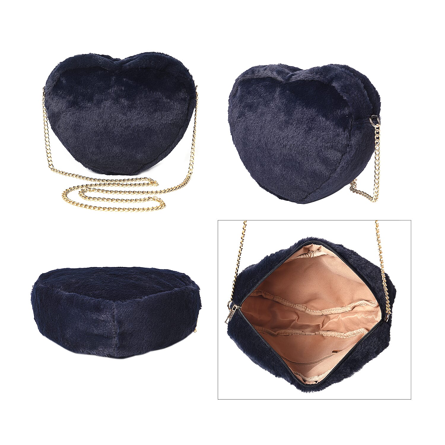 Navy Faux Fur Heart-Shaped Crossbody Bag with Chain Shoulder Strap in Gold Tone