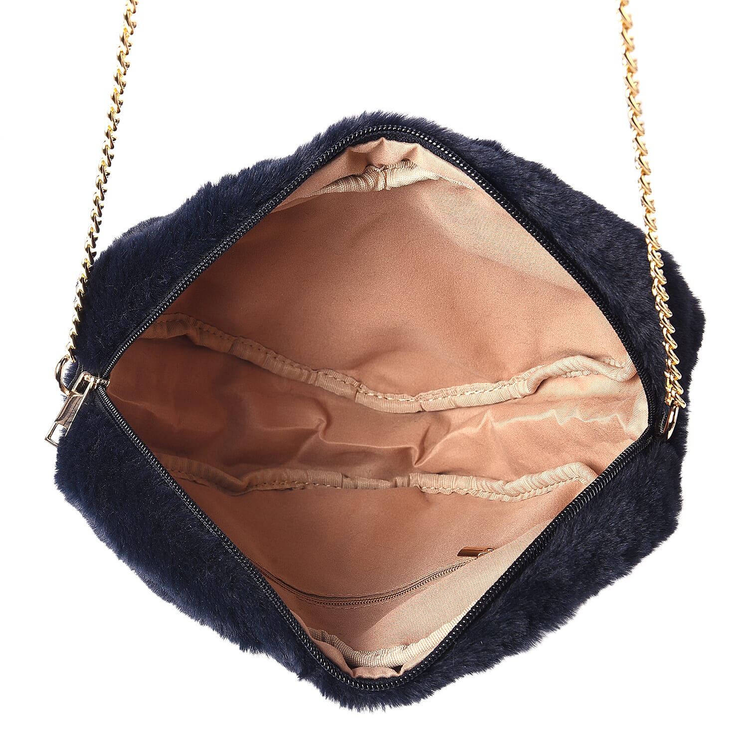 Navy Faux Fur Heart-Shaped Crossbody Bag with Chain Shoulder Strap in Gold Tone