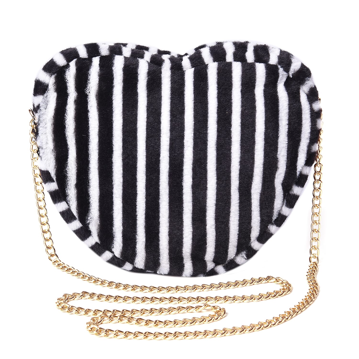 Black and White Striped Faux Fur Heart-Shaped Crossbody Bag with Chain Shoulder Strap in Gold Tone