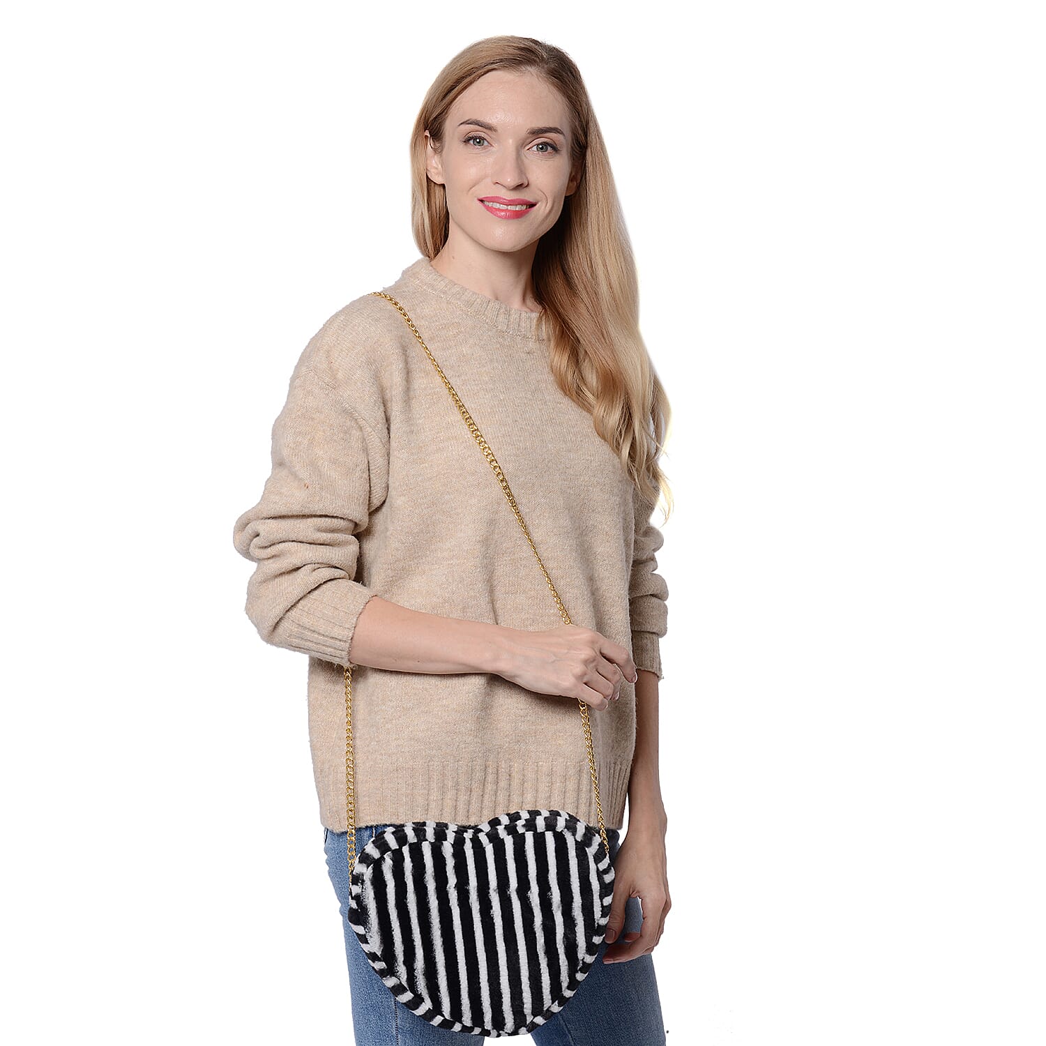 Black and White Striped Faux Fur Heart-Shaped Crossbody Bag with Chain Shoulder Strap in Gold Tone
