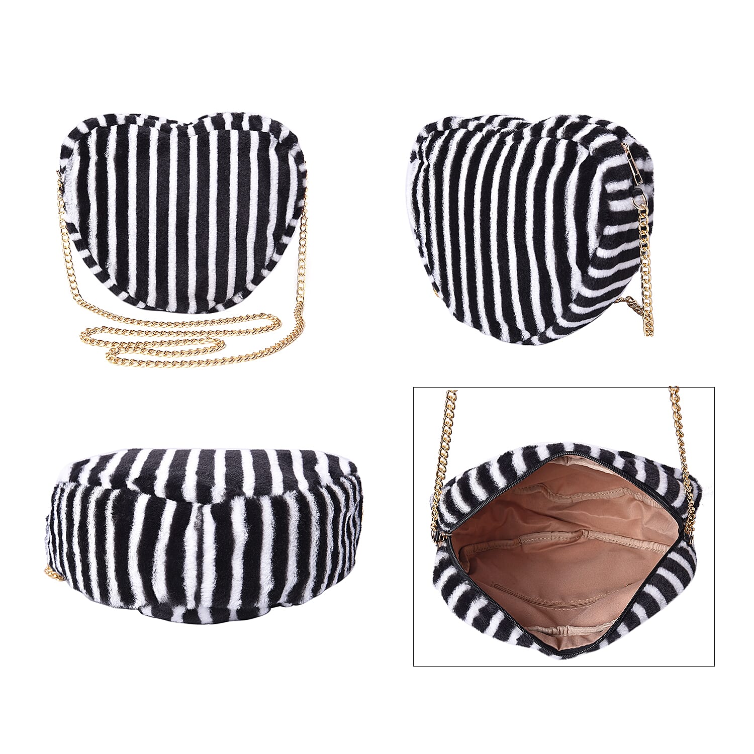 Black and White Striped Faux Fur Heart-Shaped Crossbody Bag with Chain Shoulder Strap in Gold Tone