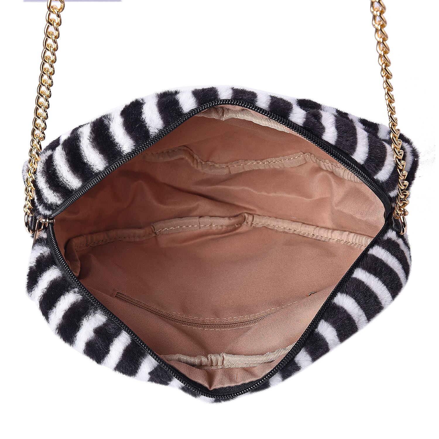 Black and White Striped Faux Fur Heart-Shaped Crossbody Bag with Chain Shoulder Strap in Gold Tone