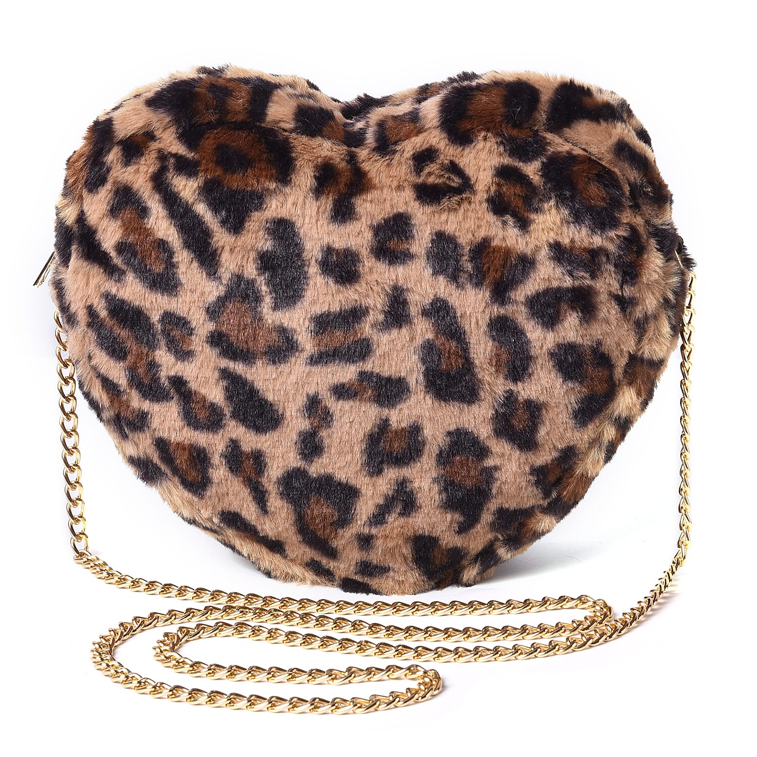 Brown Leopard Pattern Faux Fur Heart-Shaped Crossbody Bag with Chain Shoulder Strap in Gold Tone