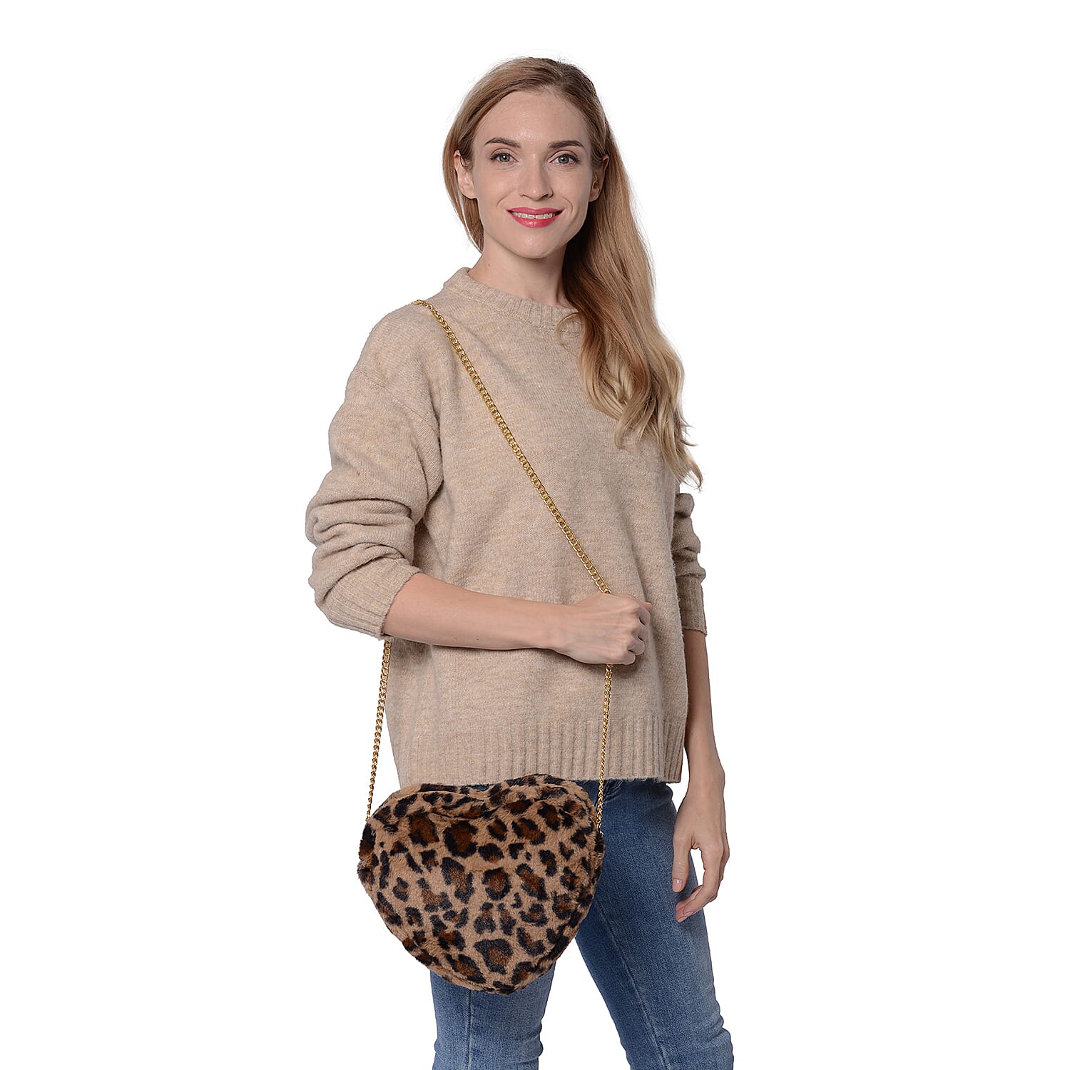 Brown Leopard Pattern Faux Fur Heart-Shaped Crossbody Bag with Chain Shoulder Strap in Gold Tone