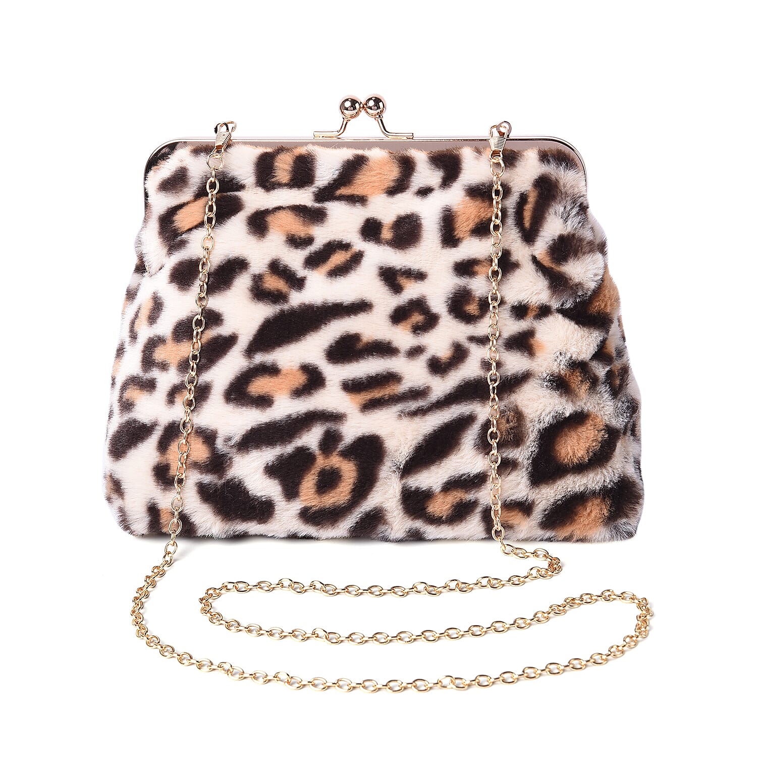 Beige Leopard Pattern Faux Fur Clutch Closure Crossbody Bag (Size: 23x10x18cm) with Chain Shoulder Strap (L: 120cm) in Gold Tone