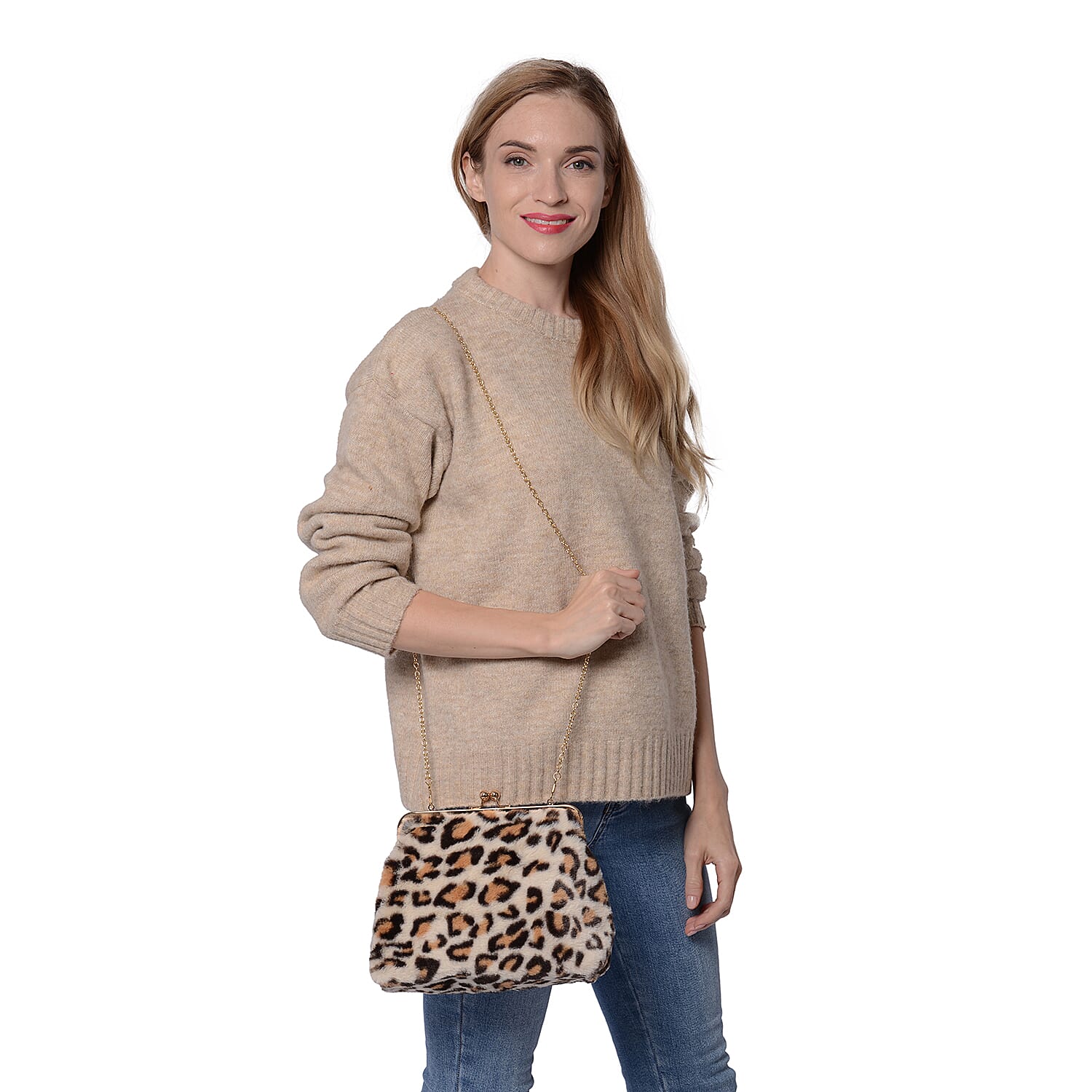 Beige Leopard Pattern Faux Fur Clutch Closure Crossbody Bag (Size: 23x10x18cm) with Chain Shoulder Strap (L: 120cm) in Gold Tone