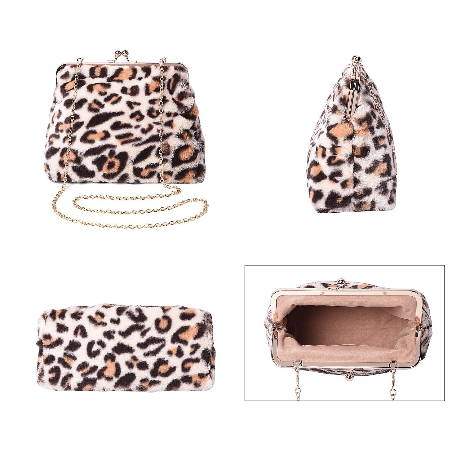 Beige Leopard Pattern Faux Fur Clutch Closure Crossbody Bag (Size: 23x10x18cm) with Chain Shoulder Strap (L: 120cm) in Gold Tone