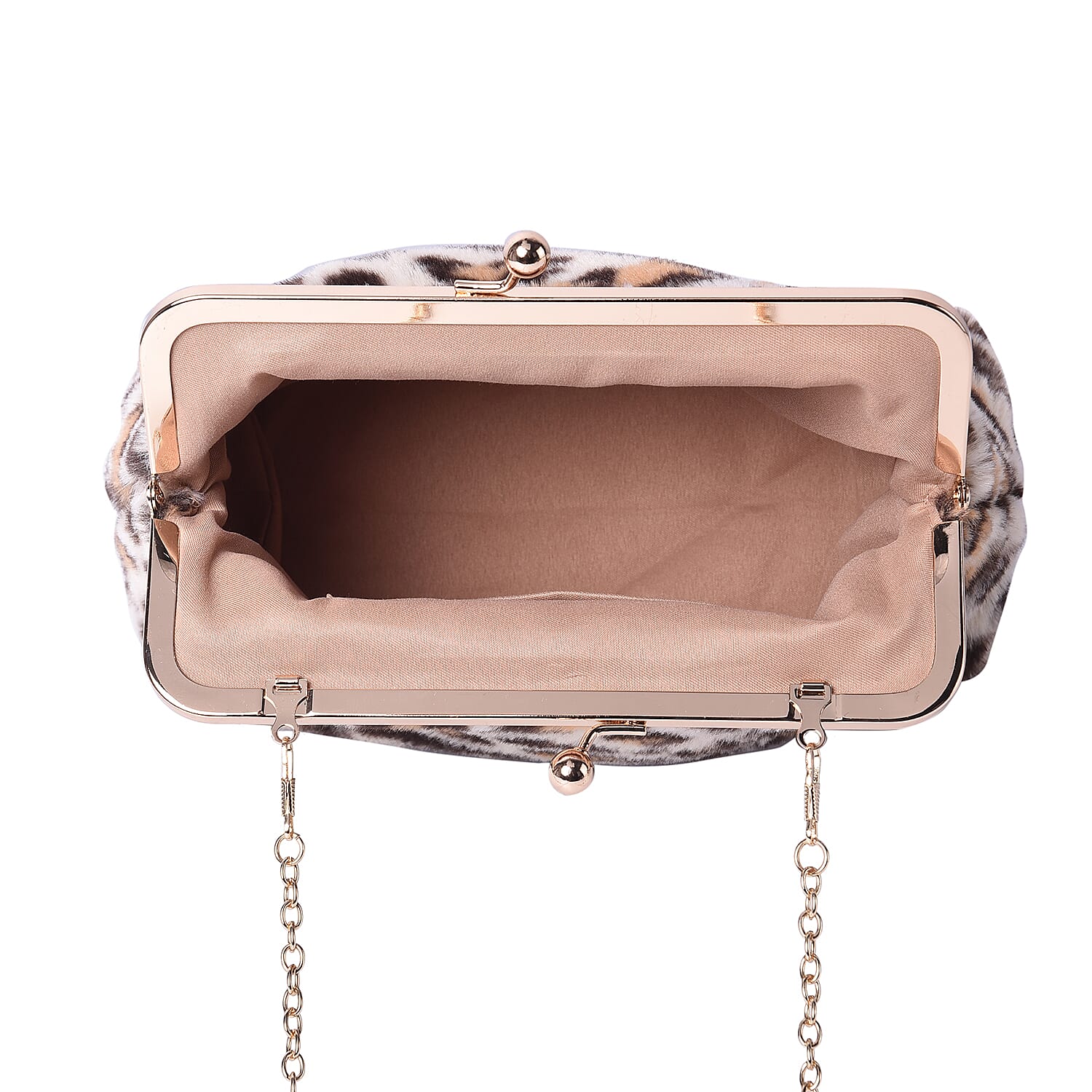 Beige Leopard Pattern Faux Fur Clutch Closure Crossbody Bag (Size: 23x10x18cm) with Chain Shoulder Strap (L: 120cm) in Gold Tone
