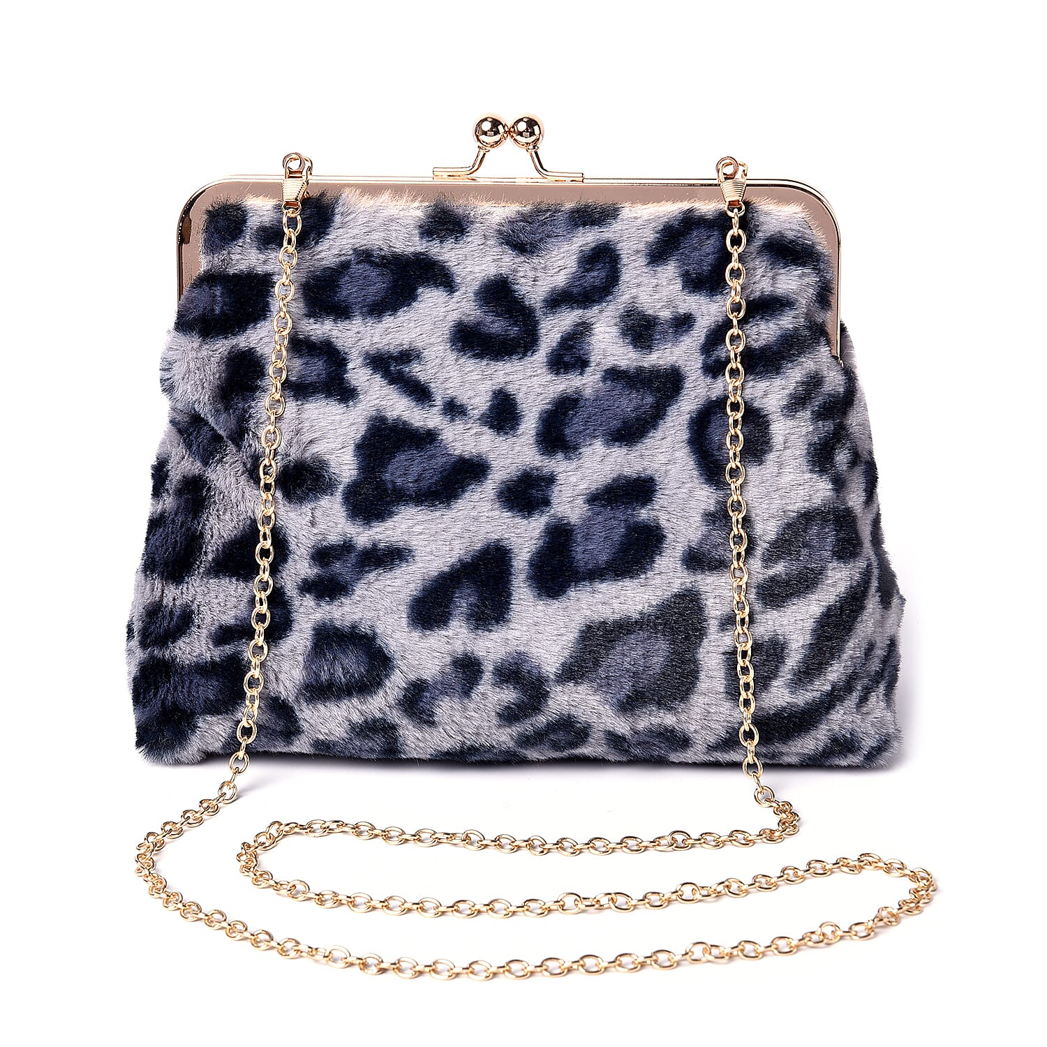 Grey Leopard Pattern Faux Fur Clutch Closure Crossbody Bag (Size: 23x10x18cm) with Chain Shoulder Strap (L: 120cm) in Gold Tone