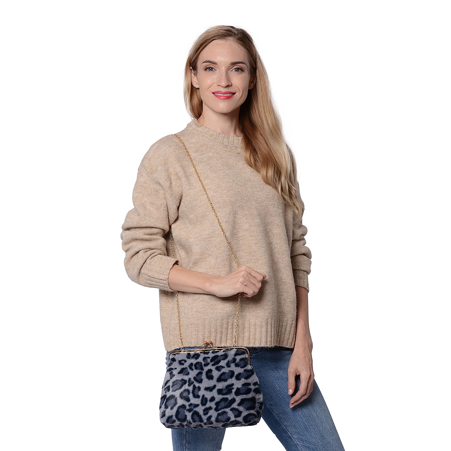 Grey Leopard Pattern Faux Fur Clutch Closure Crossbody Bag (Size: 23x10x18cm) with Chain Shoulder Strap (L: 120cm) in Gold Tone