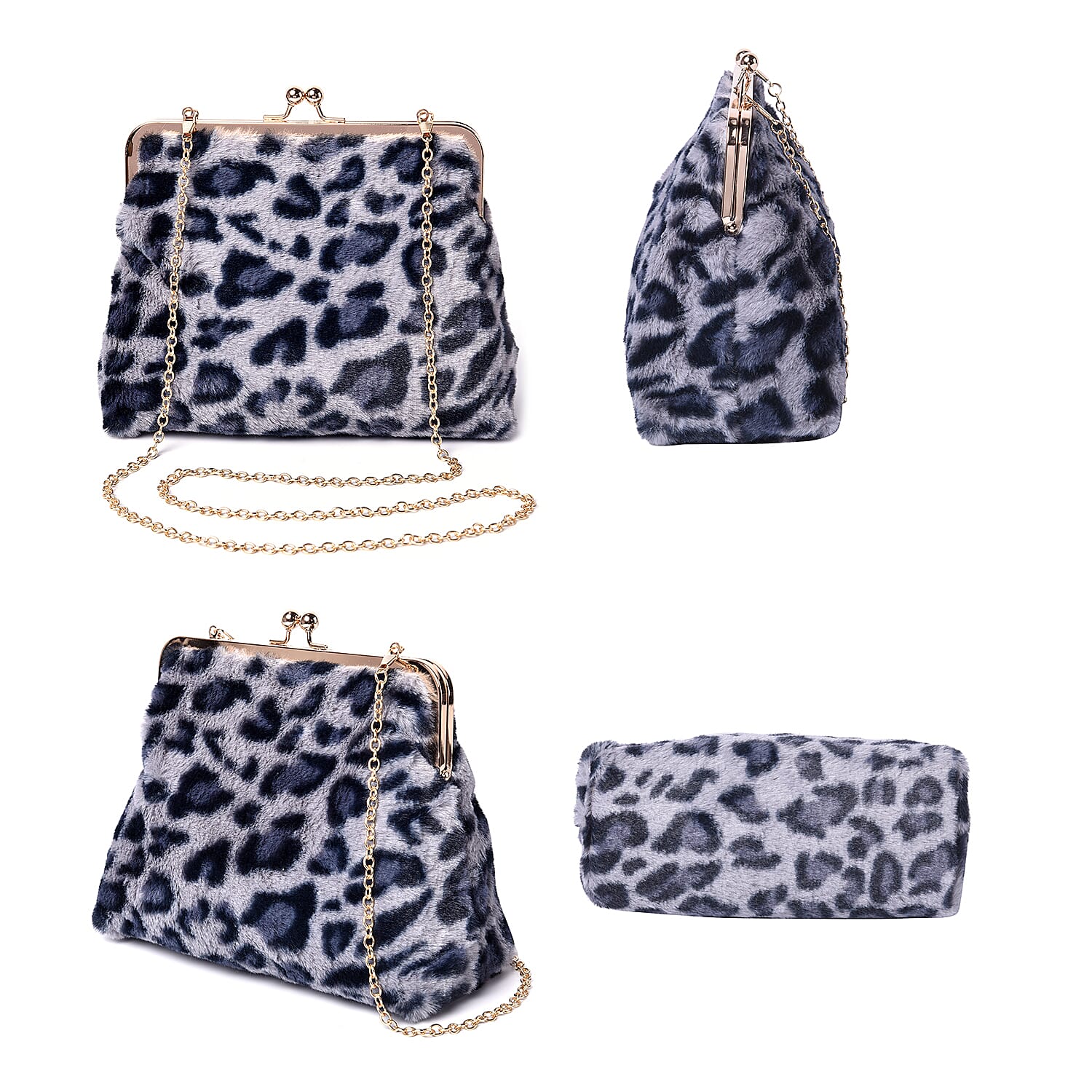 Grey Leopard Pattern Faux Fur Clutch Closure Crossbody Bag (Size: 23x10x18cm) with Chain Shoulder Strap (L: 120cm) in Gold Tone