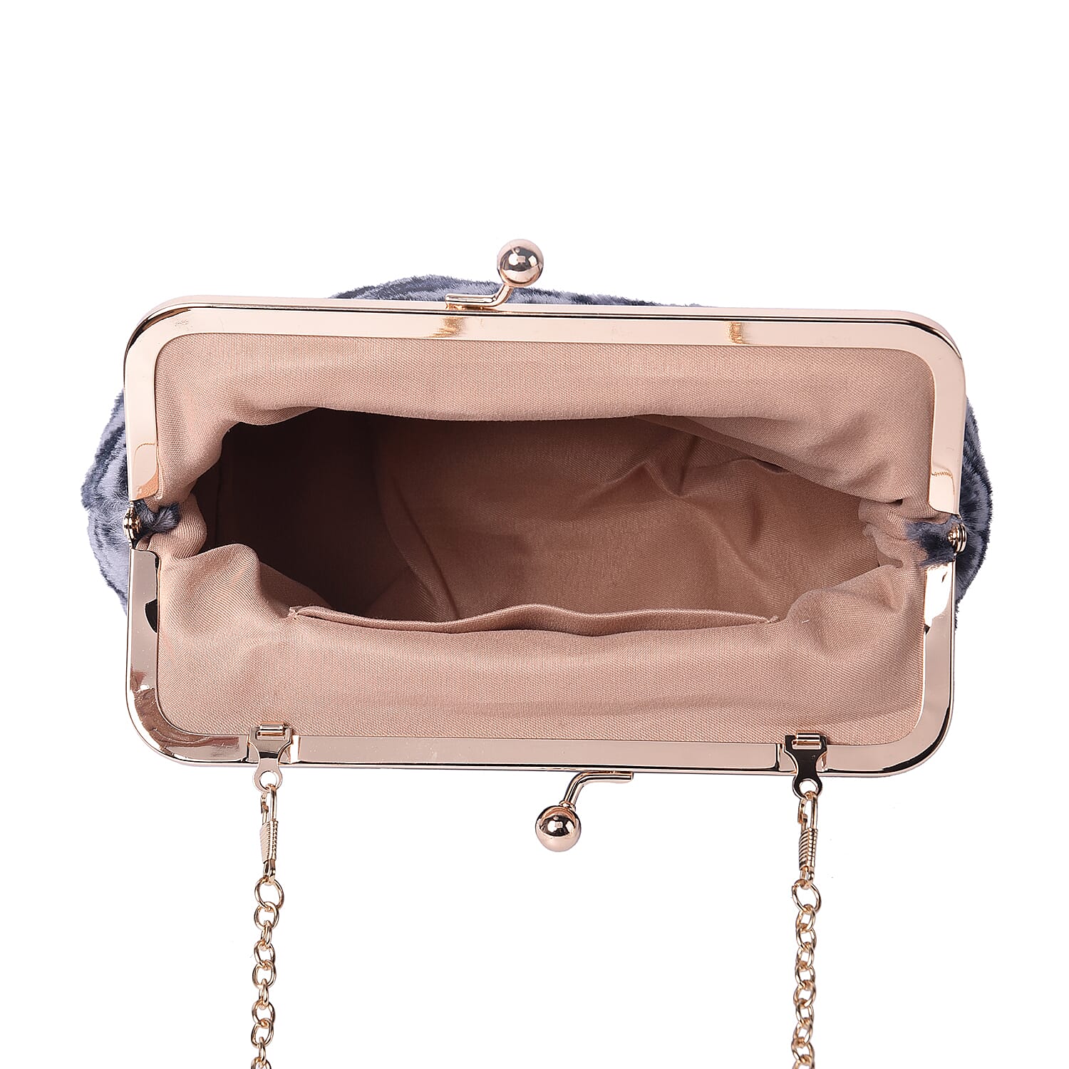 Grey Leopard Pattern Faux Fur Clutch Closure Crossbody Bag (Size: 23x10x18cm) with Chain Shoulder Strap (L: 120cm) in Gold Tone