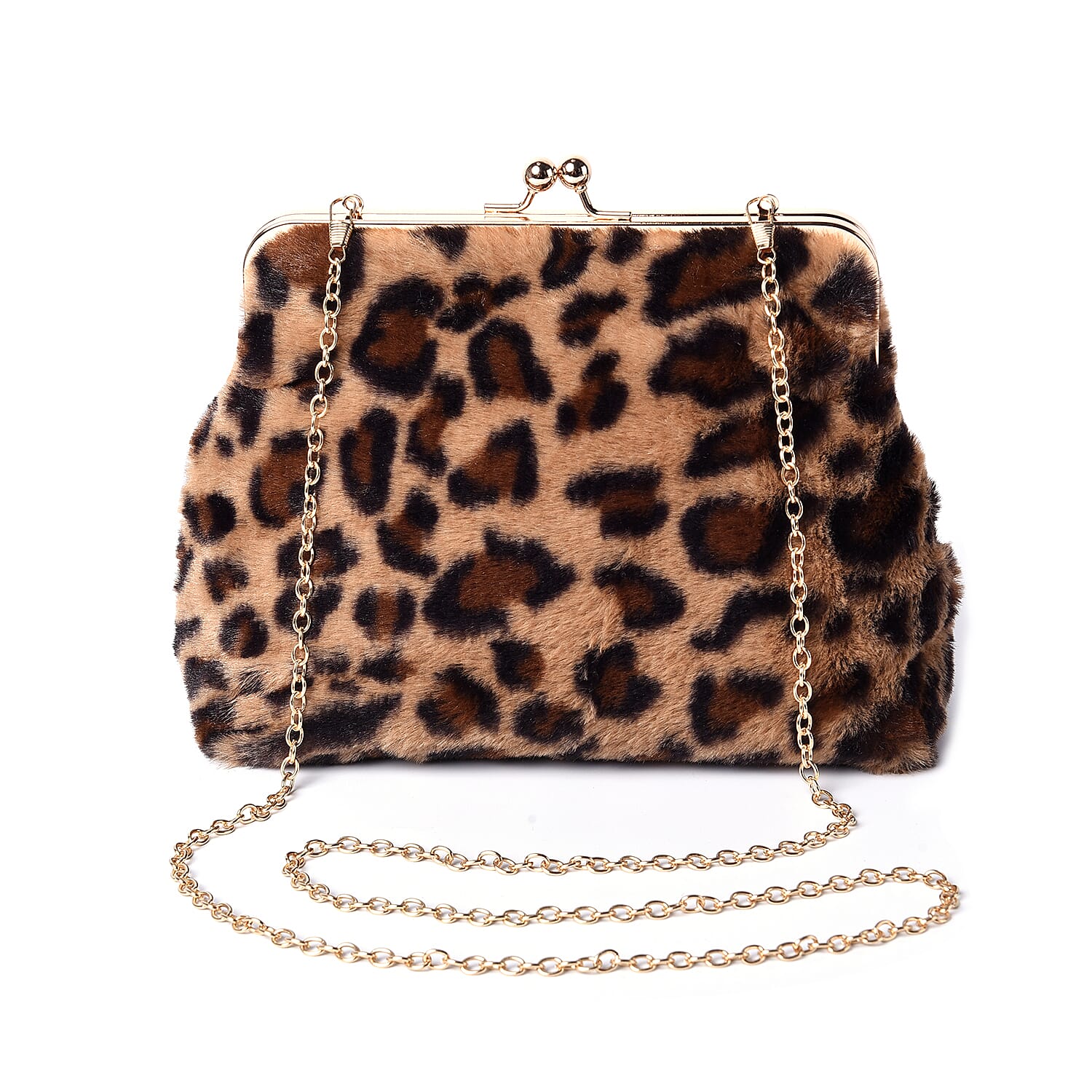 Brown Leopard Pattern Faux Fur Clutch Closure Crossbody Bag (Size: 23x10x18cm) with Chain Shoulder Strap (L: 120cm) in Gold Tone