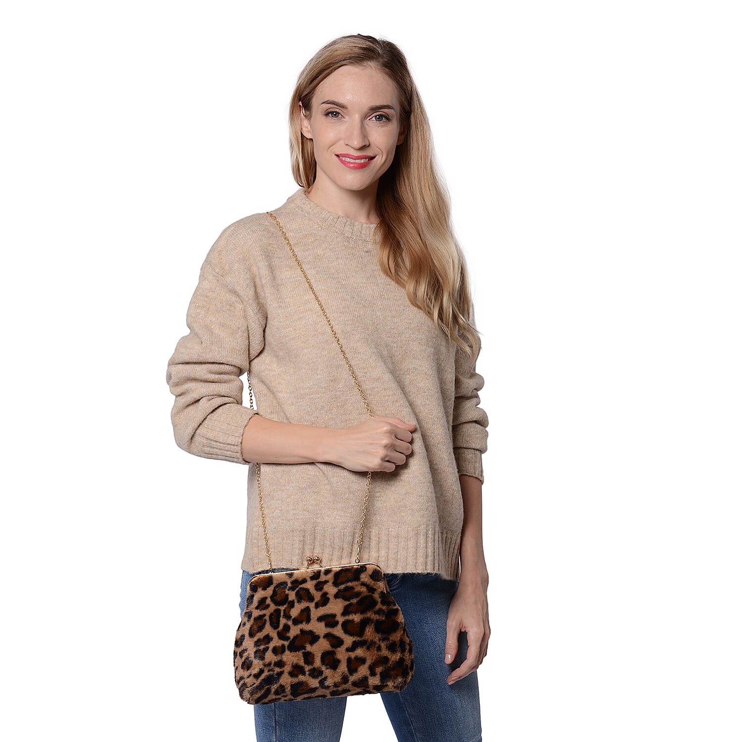 Brown Leopard Pattern Faux Fur Clutch Closure Crossbody Bag (Size: 23x10x18cm) with Chain Shoulder Strap (L: 120cm) in Gold Tone