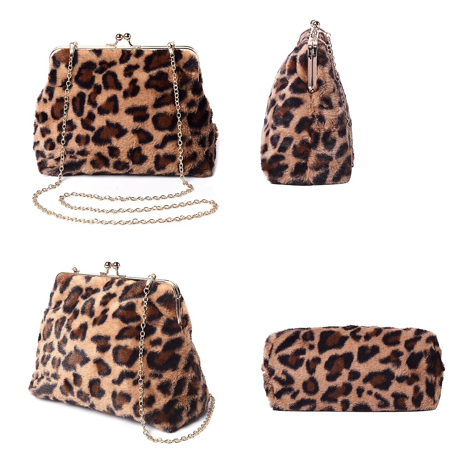 Brown Leopard Pattern Faux Fur Clutch Closure Crossbody Bag (Size: 23x10x18cm) with Chain Shoulder Strap (L: 120cm) in Gold Tone