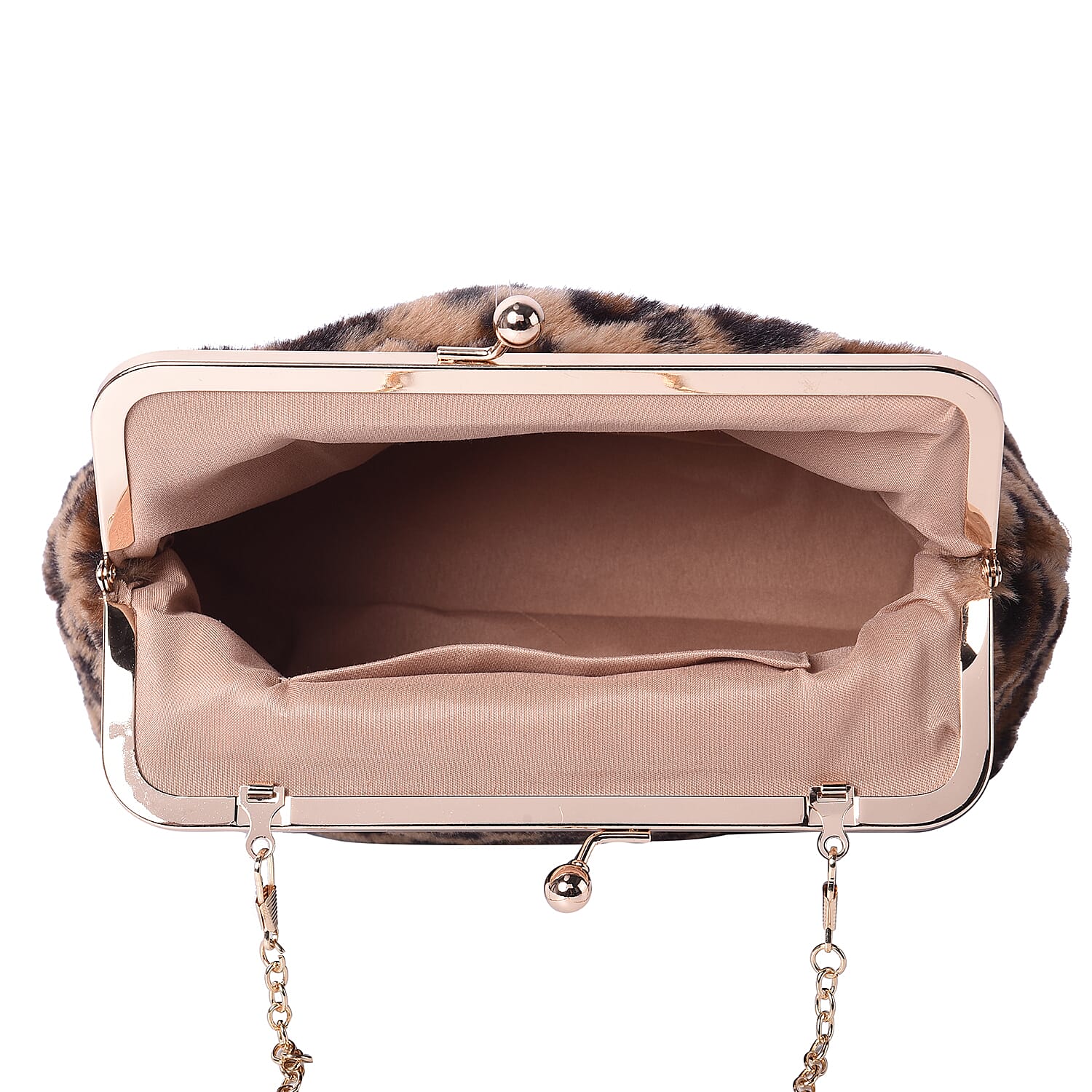 Brown Leopard Pattern Faux Fur Clutch Closure Crossbody Bag (Size: 23x10x18cm) with Chain Shoulder Strap (L: 120cm) in Gold Tone
