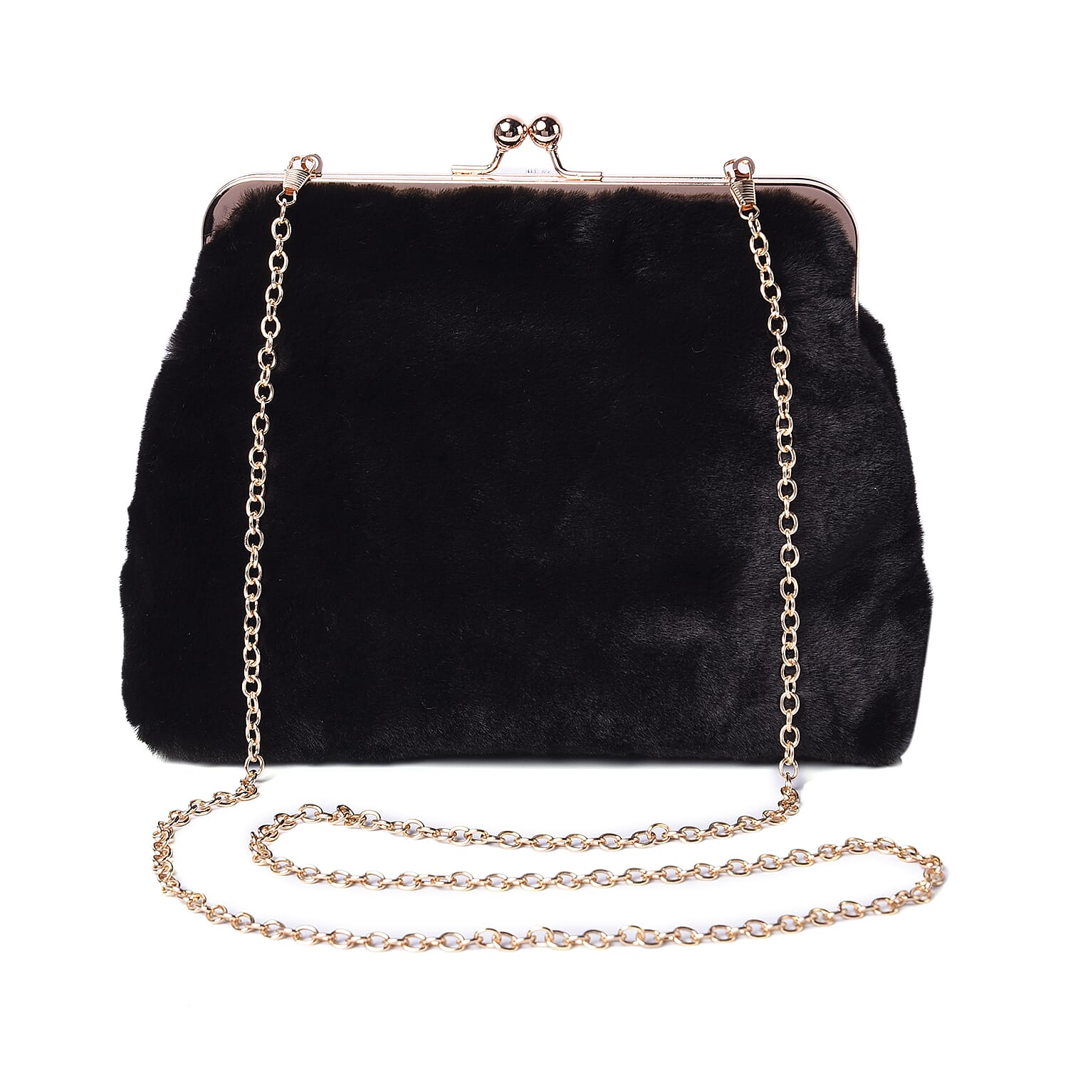 Black Faux Fur Clutch Closure Crossbody Bag (Size: 23x10x18cm) with Chain Shoulder Strap (L: 120cm) in Gold Tone