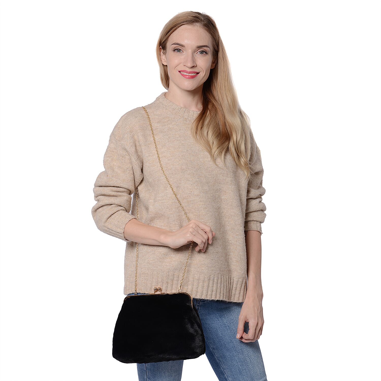 Black Faux Fur Clutch Closure Crossbody Bag (Size: 23x10x18cm) with Chain Shoulder Strap (L: 120cm) in Gold Tone