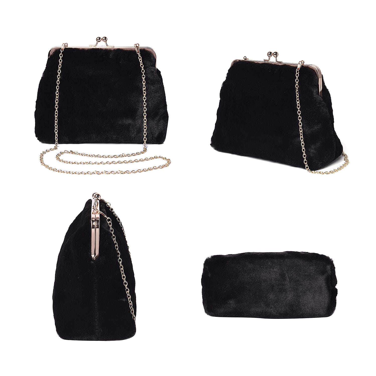 Black Faux Fur Clutch Closure Crossbody Bag (Size: 23x10x18cm) with Chain Shoulder Strap (L: 120cm) in Gold Tone