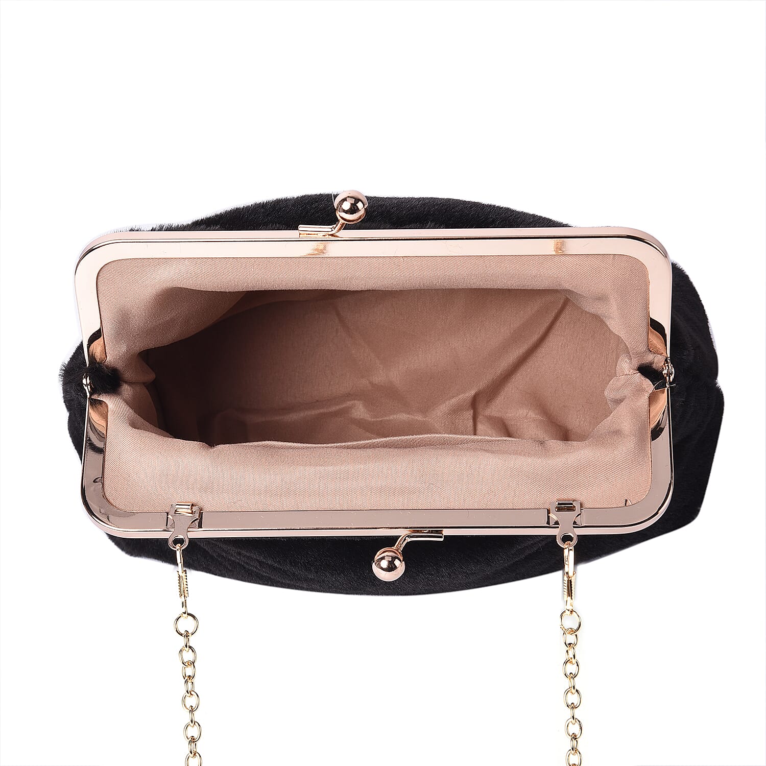 Black Faux Fur Clutch Closure Crossbody Bag (Size: 23x10x18cm) with Chain Shoulder Strap (L: 120cm) in Gold Tone