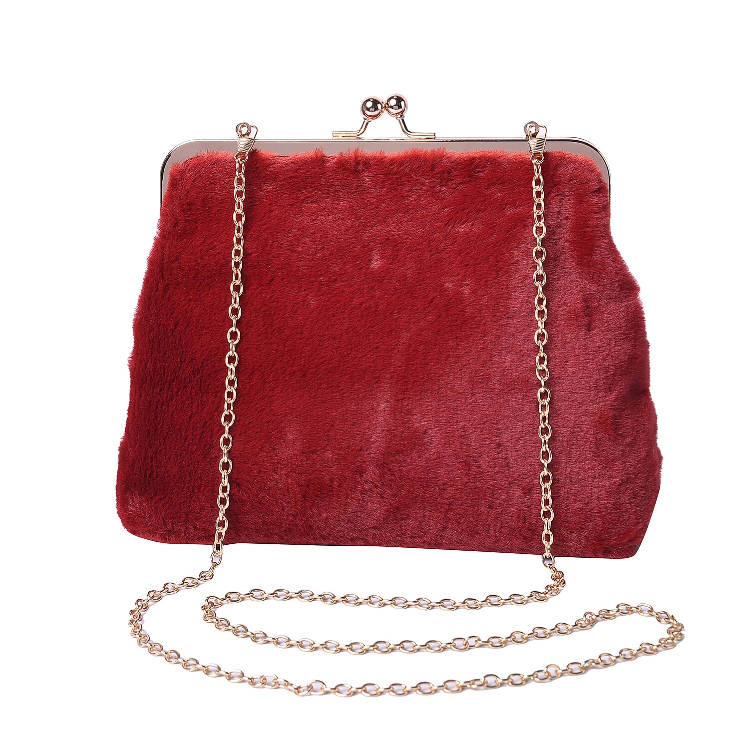 Burgundy Faux Fur Clutch Closure Crossbody Bag (Size: 23x10x18cm) with Chain Shoulder Strap (L: 120cm) in Gold Tone