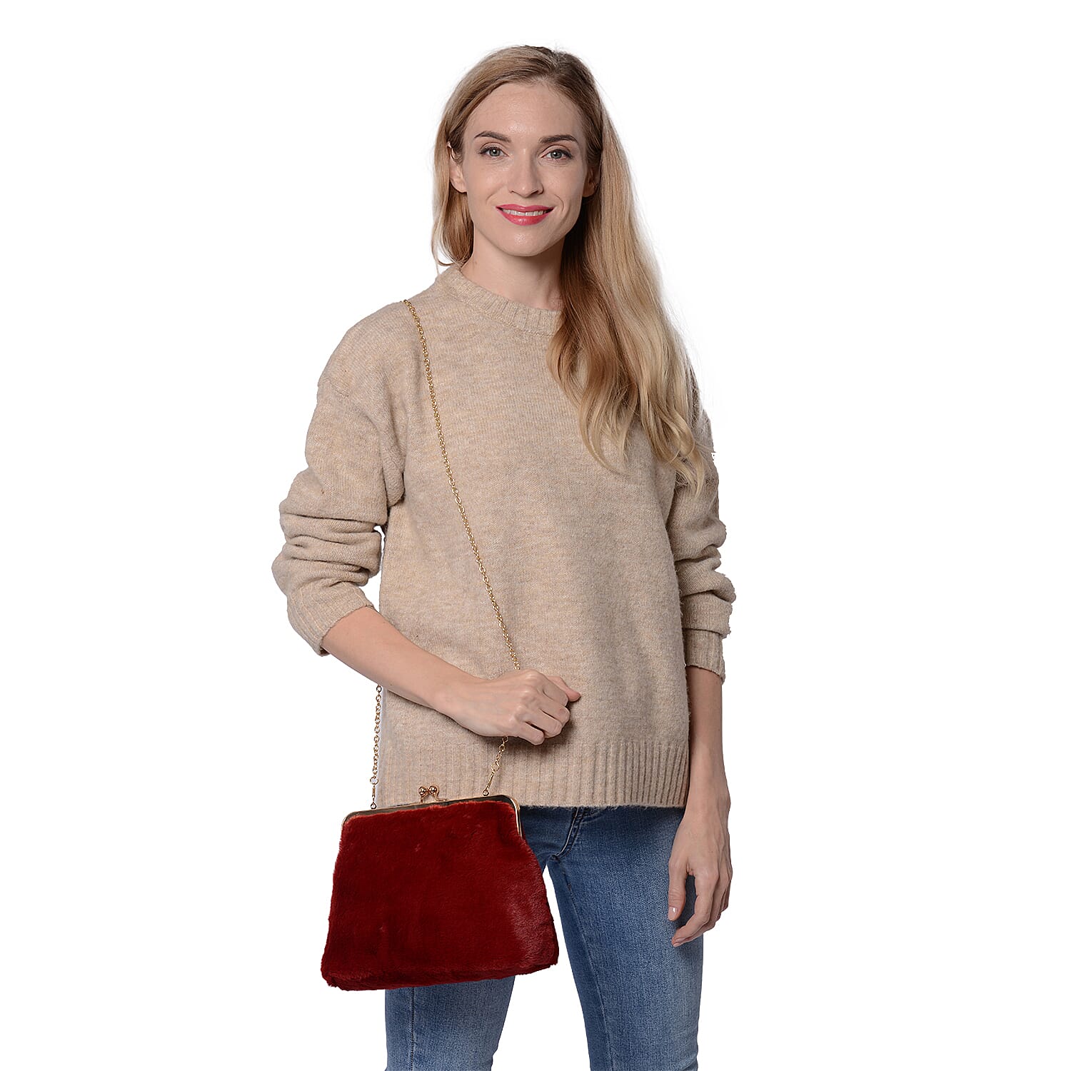 Burgundy Faux Fur Clutch Closure Crossbody Bag (Size: 23x10x18cm) with Chain Shoulder Strap (L: 120cm) in Gold Tone
