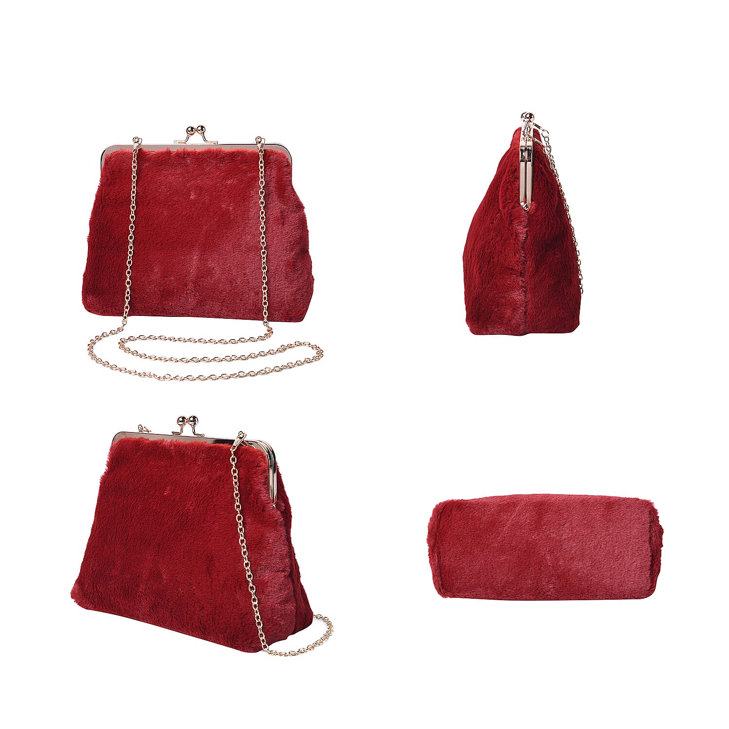 Burgundy Faux Fur Clutch Closure Crossbody Bag (Size: 23x10x18cm) with Chain Shoulder Strap (L: 120cm) in Gold Tone