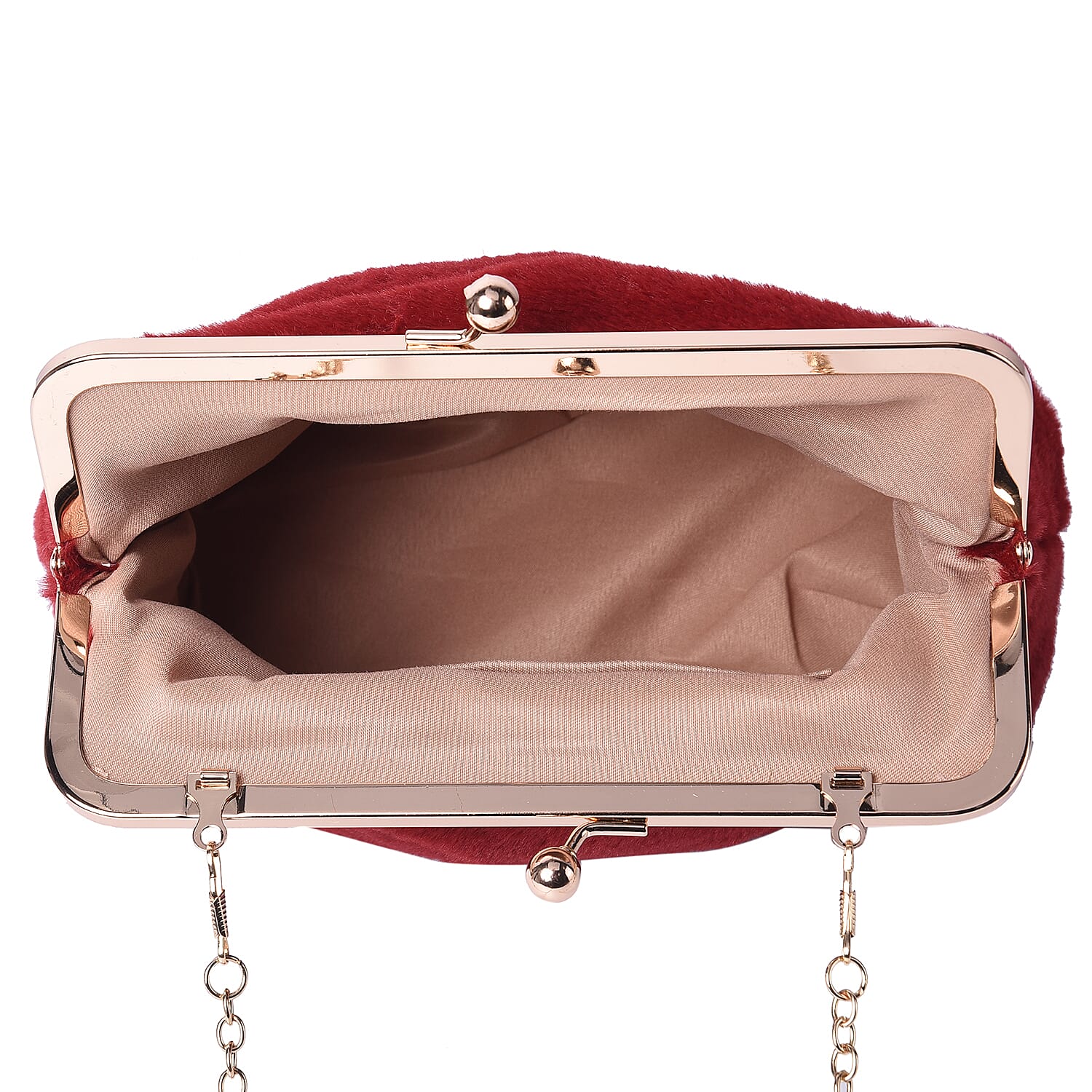 Burgundy Faux Fur Clutch Closure Crossbody Bag (Size: 23x10x18cm) with Chain Shoulder Strap (L: 120cm) in Gold Tone