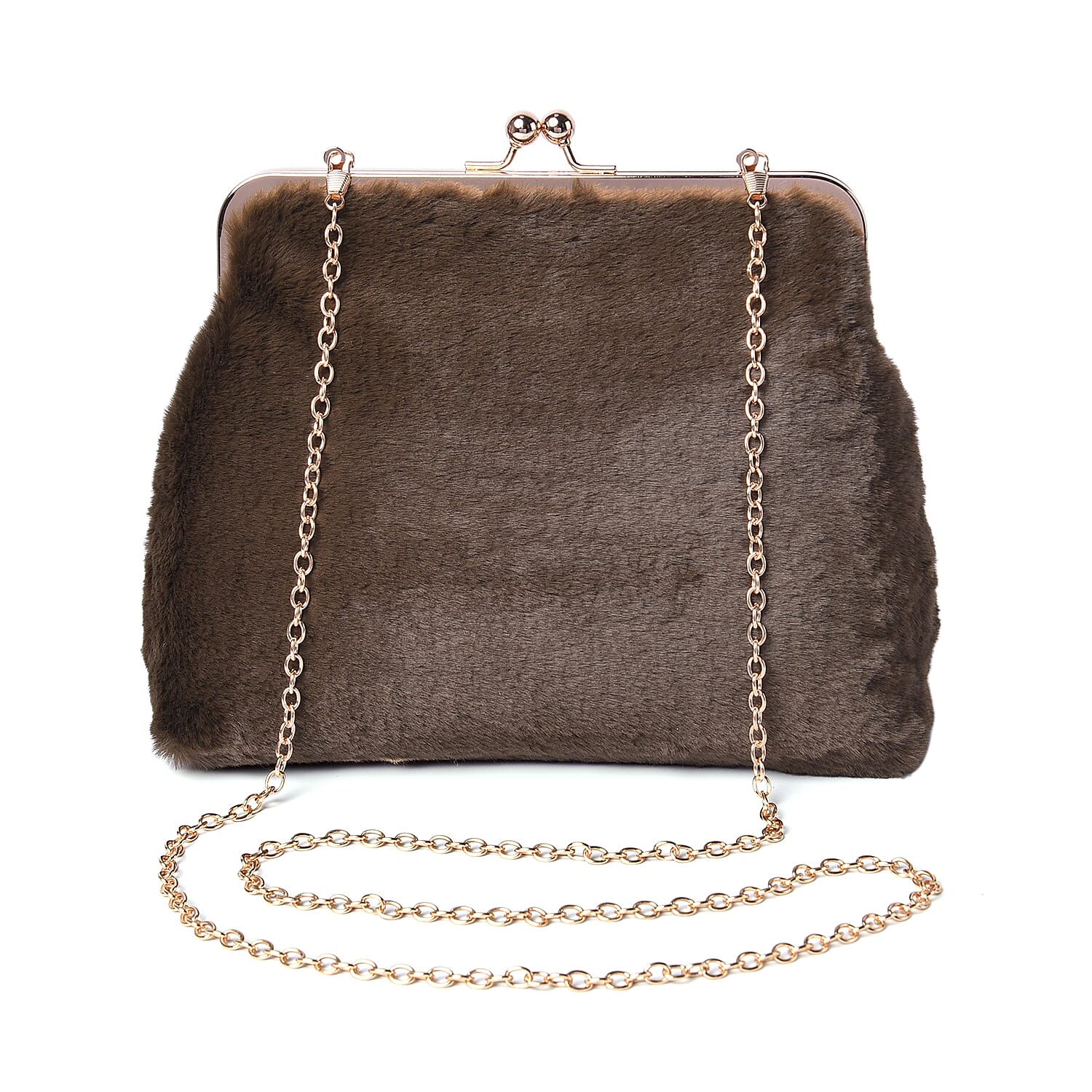 Green Faux Fur Clutch Closure Crossbody Bag (Size: 23x10x18cm) with Chain Shoulder Strap (L: 120cm) in Gold Tone