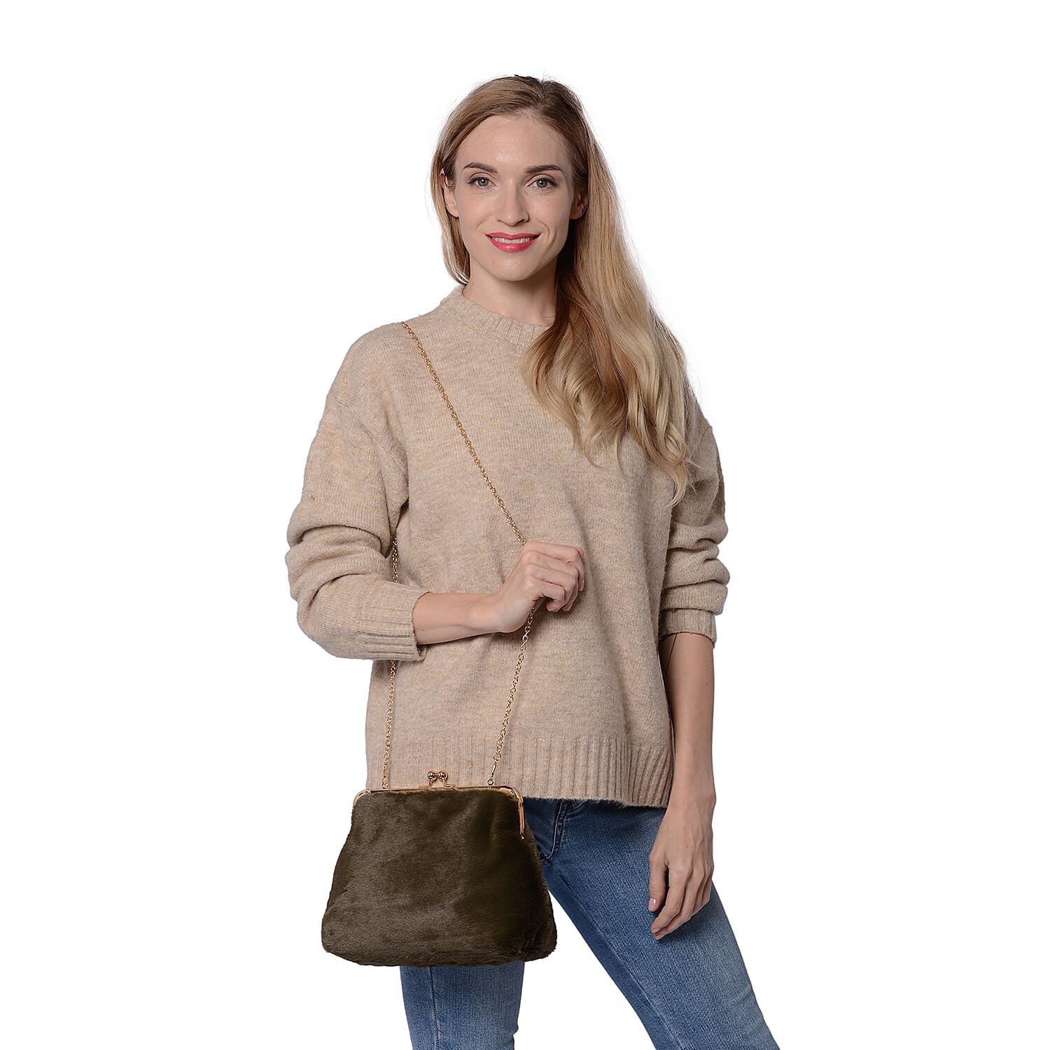 Green Faux Fur Clutch Closure Crossbody Bag (Size: 23x10x18cm) with Chain Shoulder Strap (L: 120cm) in Gold Tone