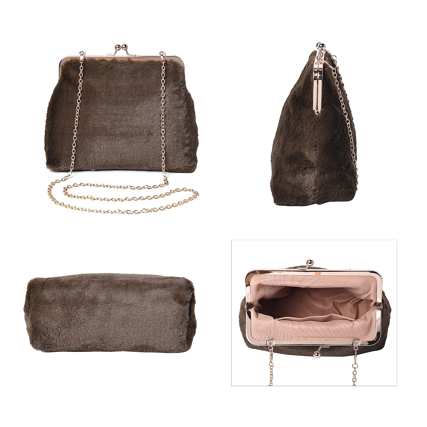 Green Faux Fur Clutch Closure Crossbody Bag (Size: 23x10x18cm) with Chain Shoulder Strap (L: 120cm) in Gold Tone