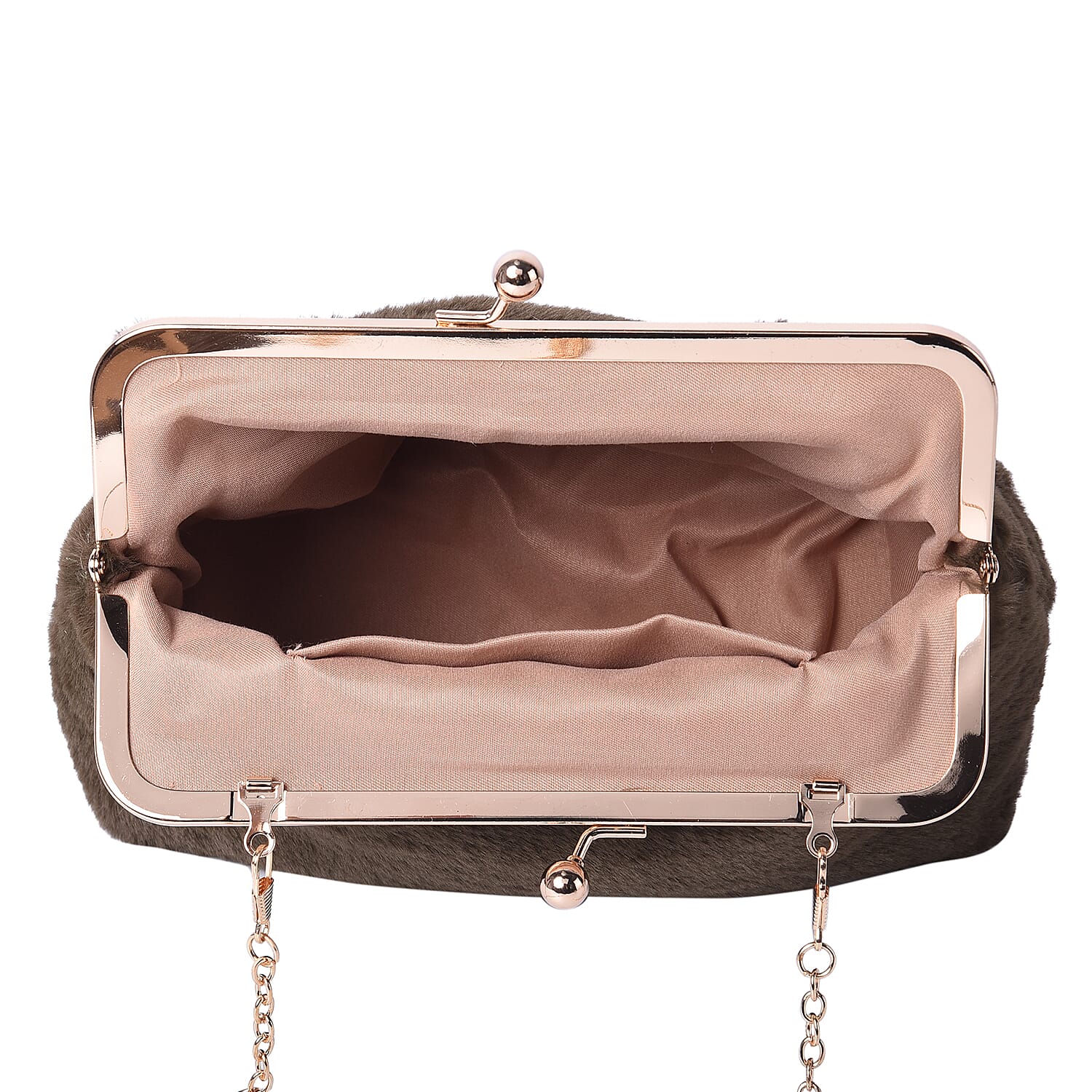 Green Faux Fur Clutch Closure Crossbody Bag (Size: 23x10x18cm) with Chain Shoulder Strap (L: 120cm) in Gold Tone