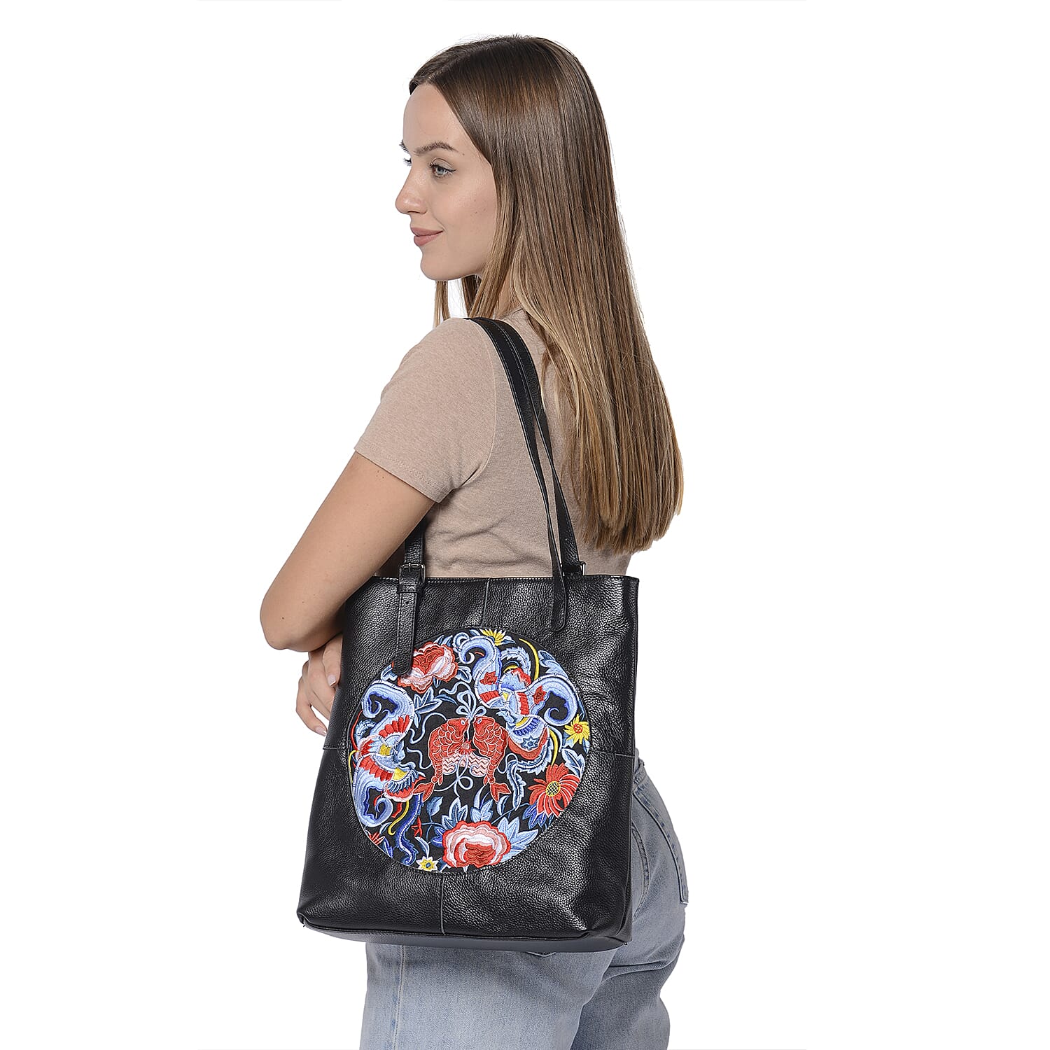 100% Genuine Leather Multi Colour Embroidery Pattern Shoulder Bag with External Zipper Pocket (Size 30x13x35) - Black