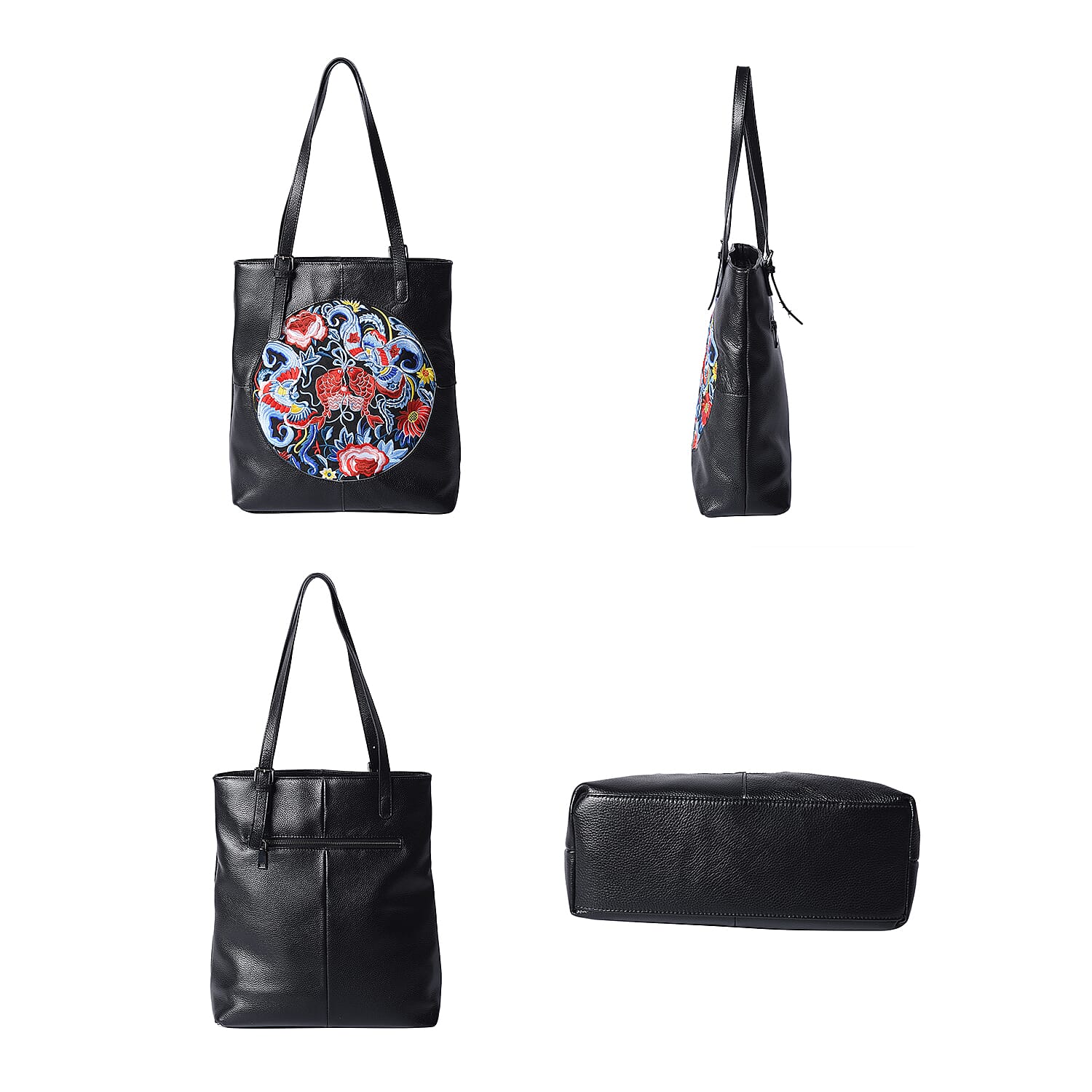 100% Genuine Leather Multi Colour Embroidery Pattern Shoulder Bag with External Zipper Pocket (Size 30x13x35) - Black