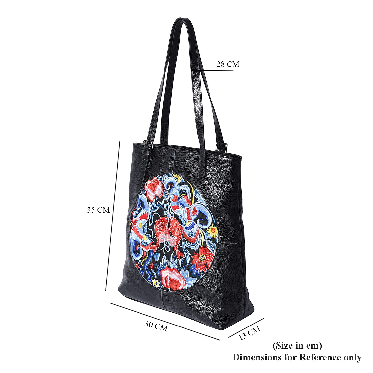 100% Genuine Leather Multi Colour Embroidery Pattern Shoulder Bag with External Zipper Pocket (Size 30x13x35) - Black