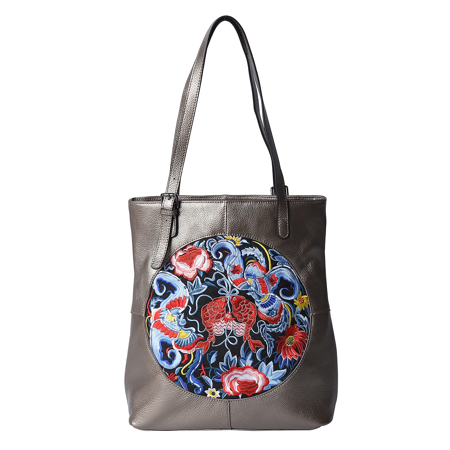 100% Genuine Leather Multi Colour Embroidery Pattern Shoulder Bag with External Zipper Pocket (Size 30x13x35) - Bronze