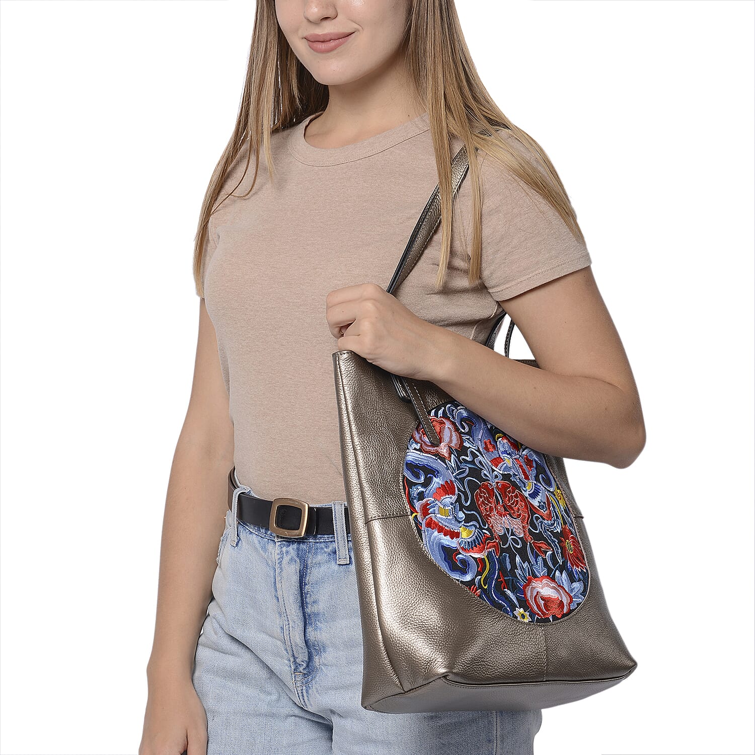 100% Genuine Leather Multi Colour Embroidery Pattern Shoulder Bag with External Zipper Pocket (Size 30x13x35) - Bronze