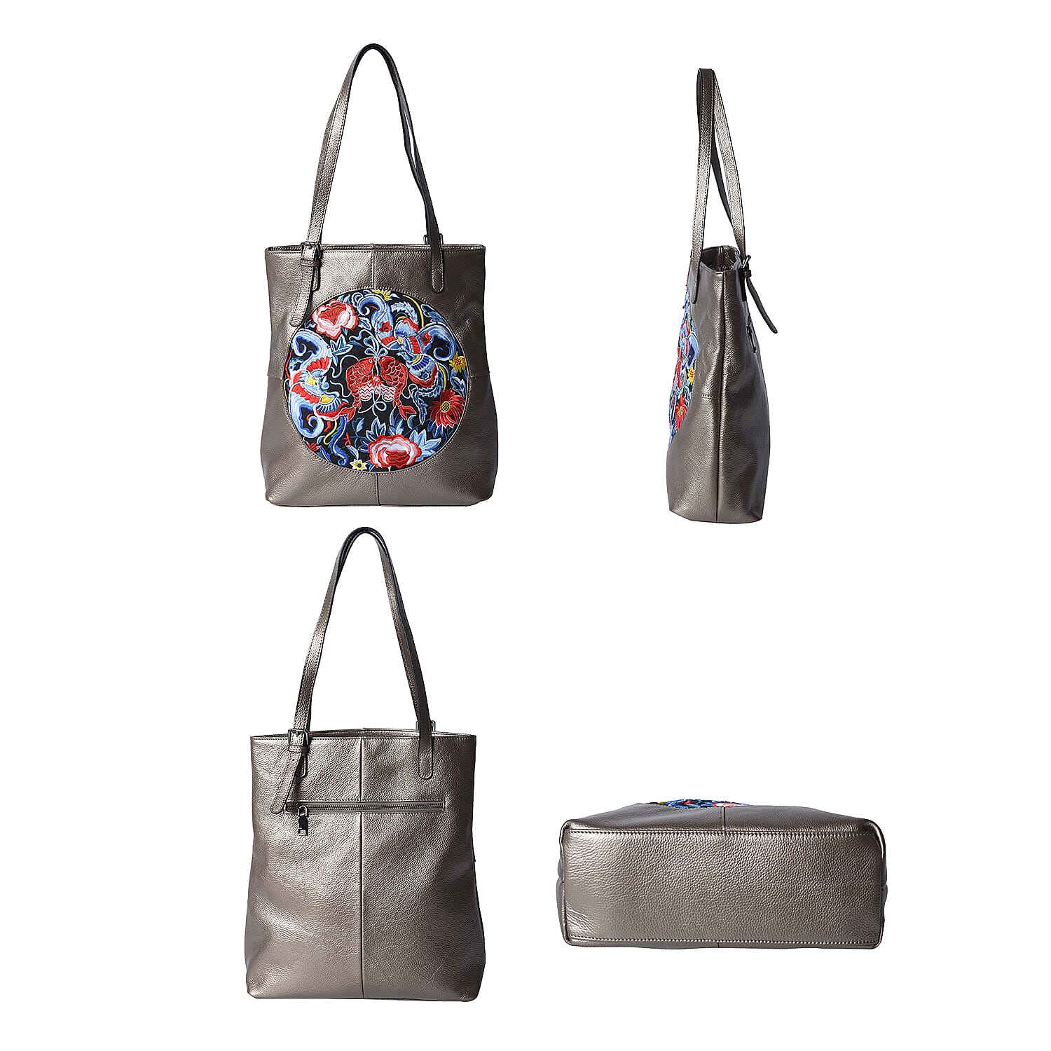 100% Genuine Leather Multi Colour Embroidery Pattern Shoulder Bag with External Zipper Pocket (Size 30x13x35) - Bronze