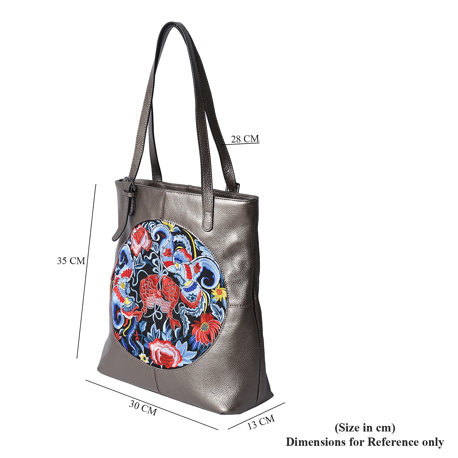 100% Genuine Leather Multi Colour Embroidery Pattern Shoulder Bag with External Zipper Pocket (Size 30x13x35) - Bronze