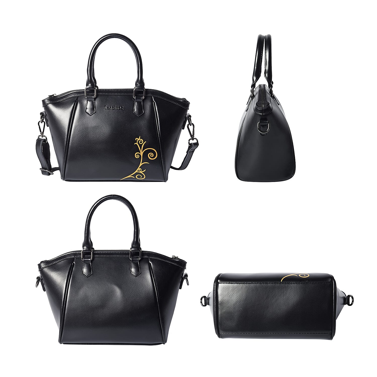 100% Genuine Leather Vine Pattern Tote Bag with Zipper Closure and Detachable and Adjustable Shoulder Strap (Size 22x13x23) - Black