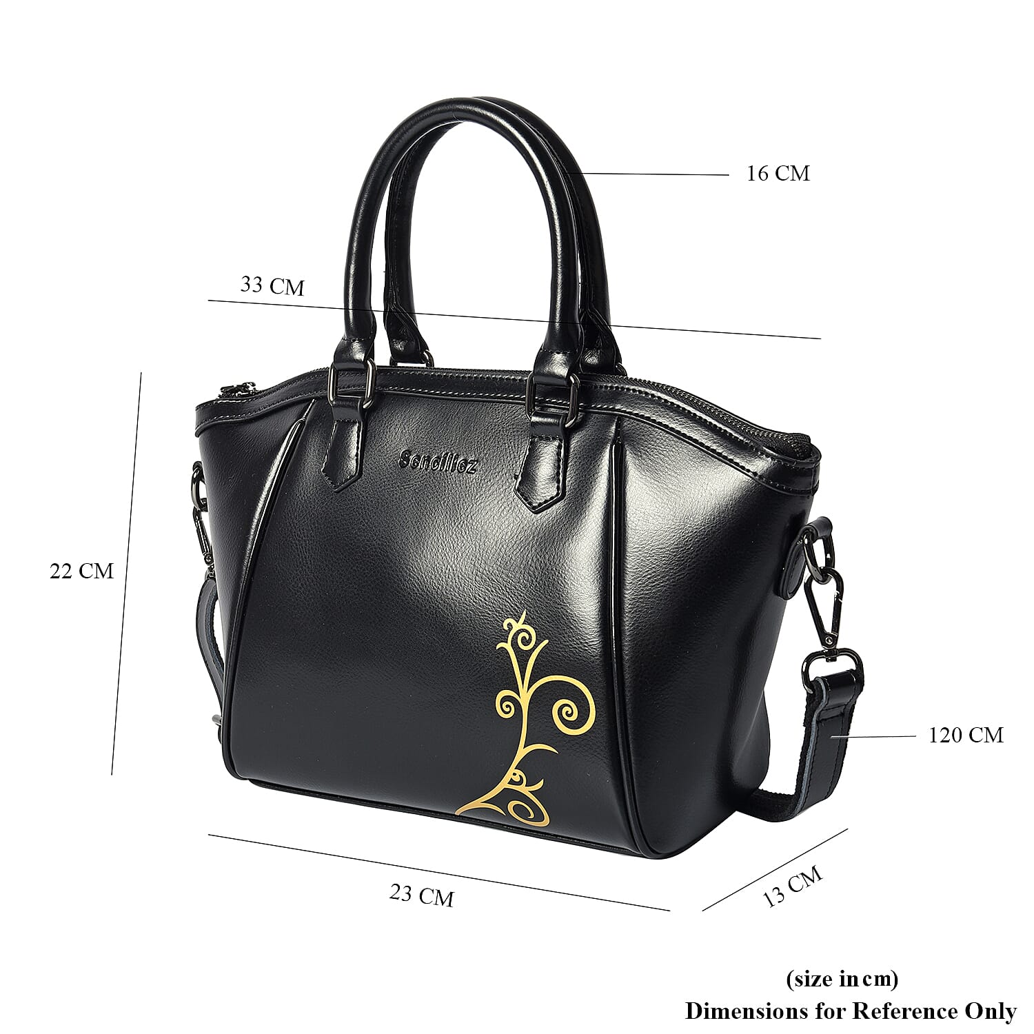 100% Genuine Leather Vine Pattern Tote Bag with Zipper Closure and Detachable and Adjustable Shoulder Strap (Size 22x13x23) - Black