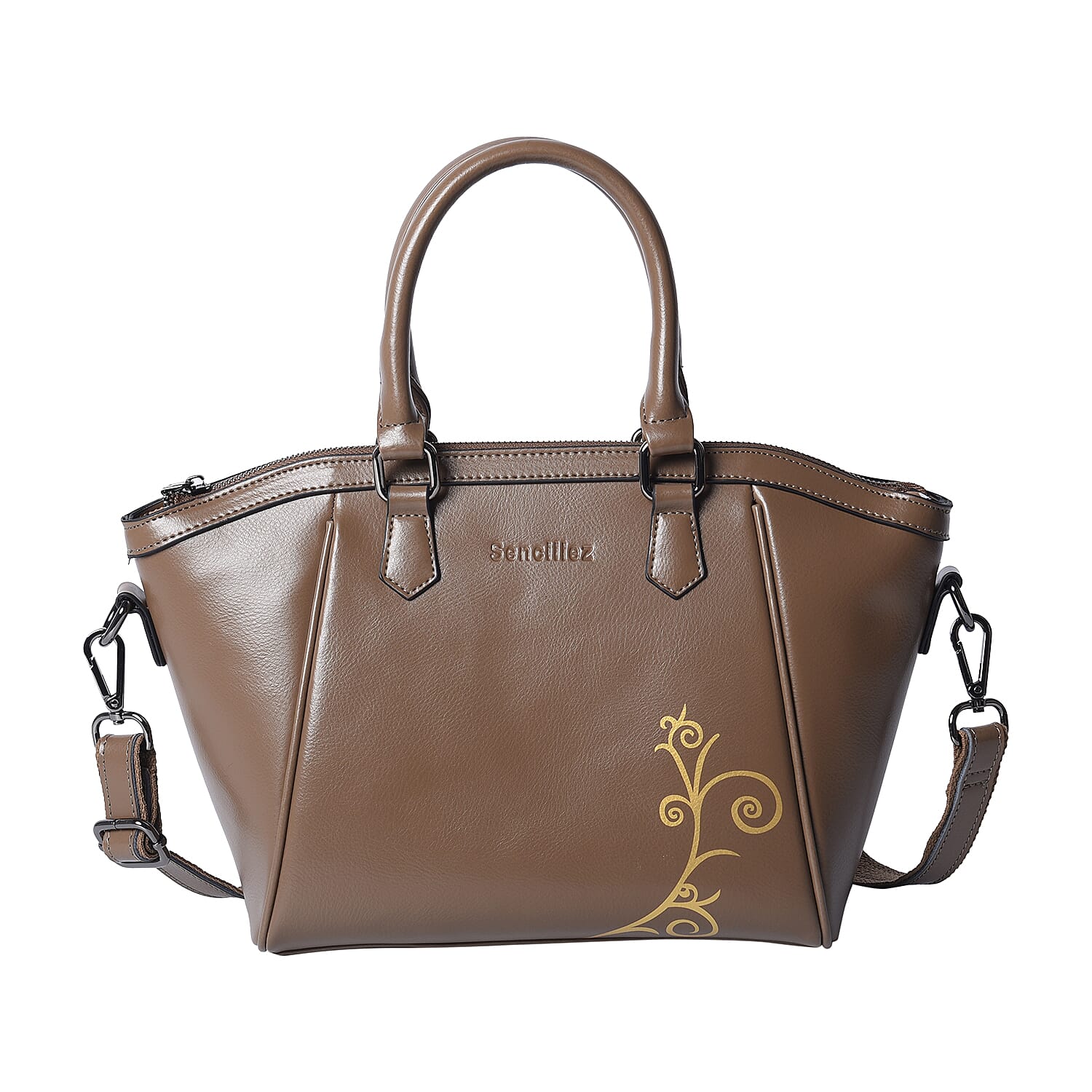 100% Genuine Leather Vine Pattern Tote Bag with Zipper Closure, Detachable and Adjustable Shoulder Strap (Size 22x13x23 Cm) - Brown
