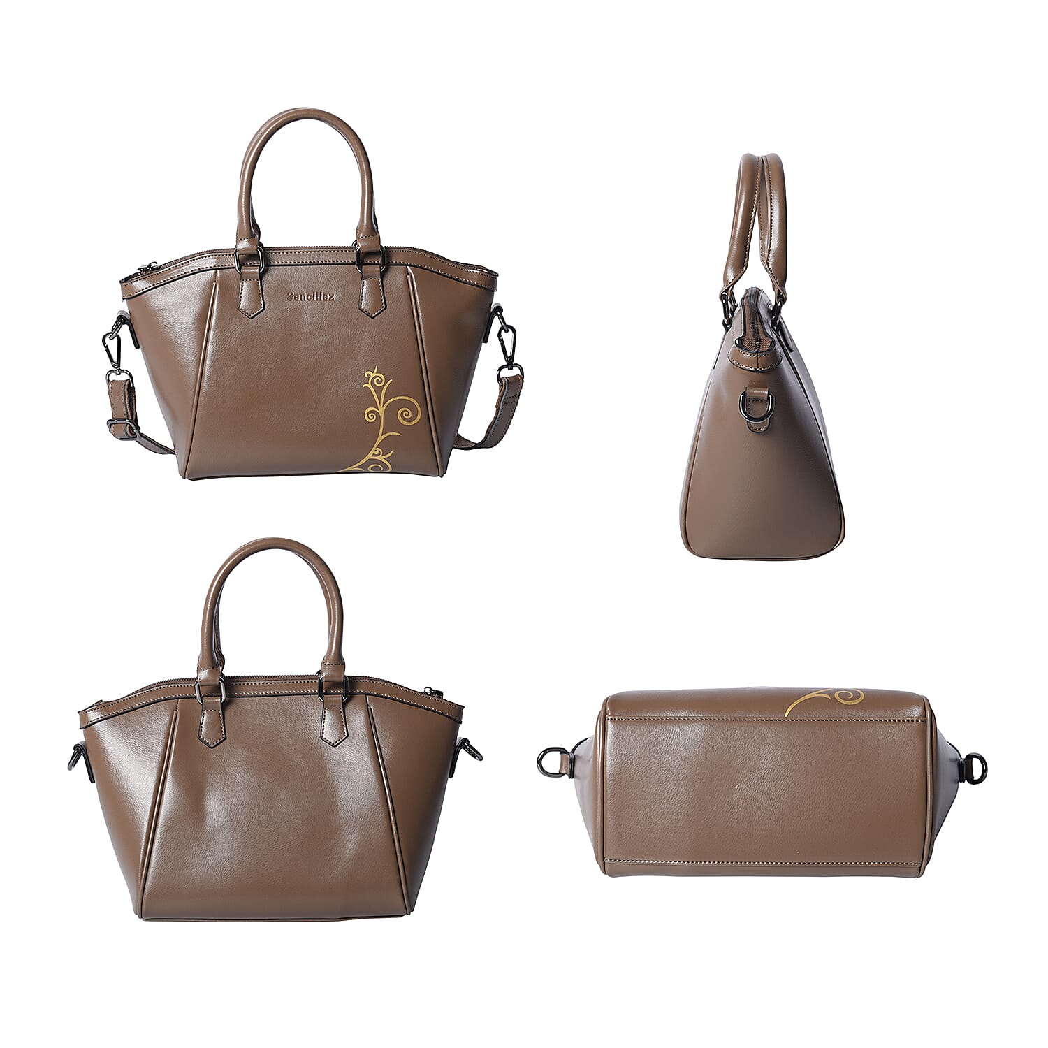 100% Genuine Leather Vine Pattern Tote Bag with Zipper Closure, Detachable and Adjustable Shoulder Strap (Size 22x13x23 Cm) - Brown