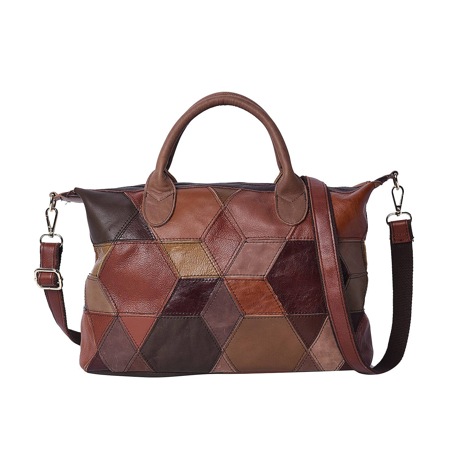 100% Genuine Leather Patch Tote Bag with Zipper Closure and Adjustable Shoulder Strap (Size 34x16x22 Cm) - Brown and Multi