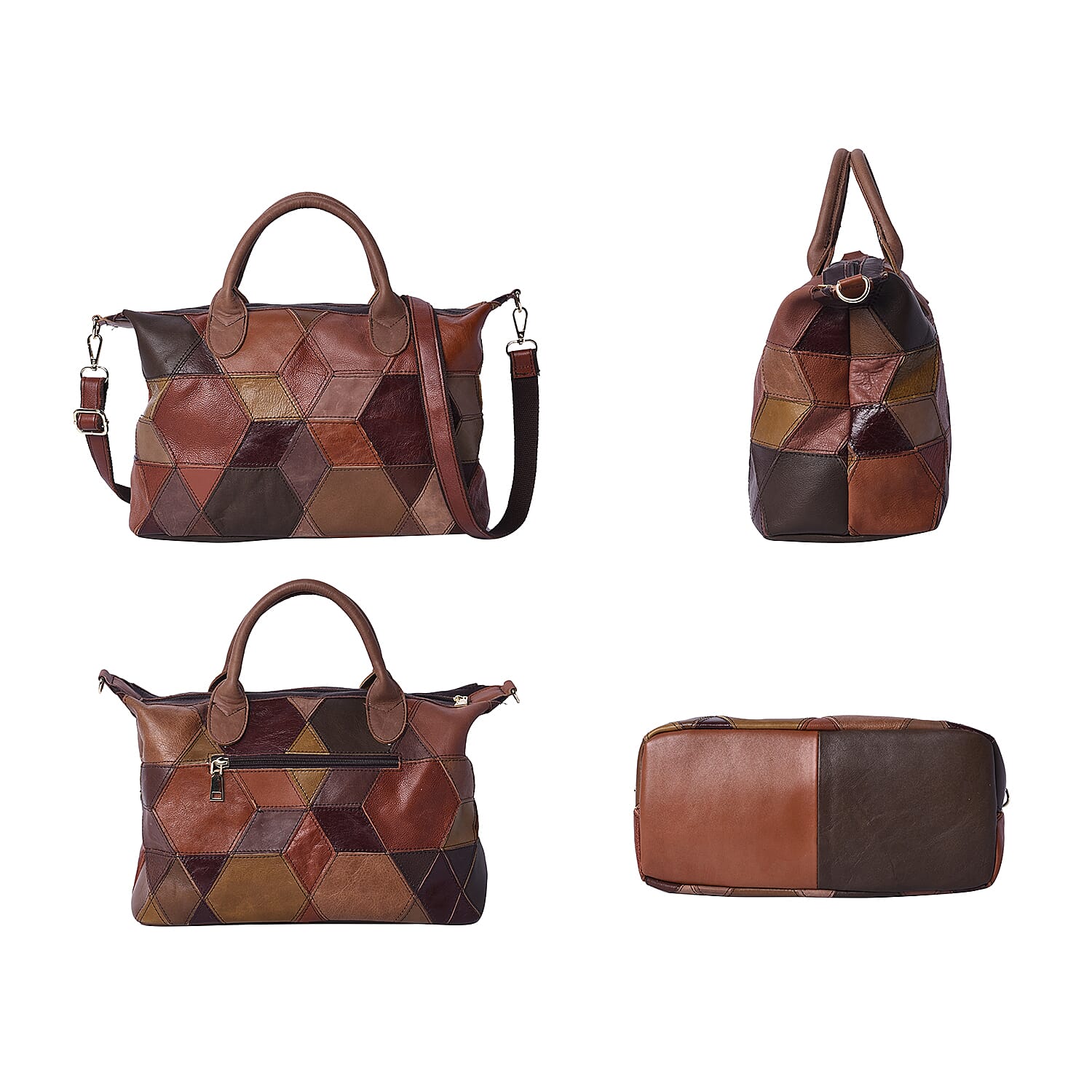 100% Genuine Leather Patch Tote Bag with Zipper Closure and Adjustable Shoulder Strap (Size 34x16x22 Cm) - Brown and Multi