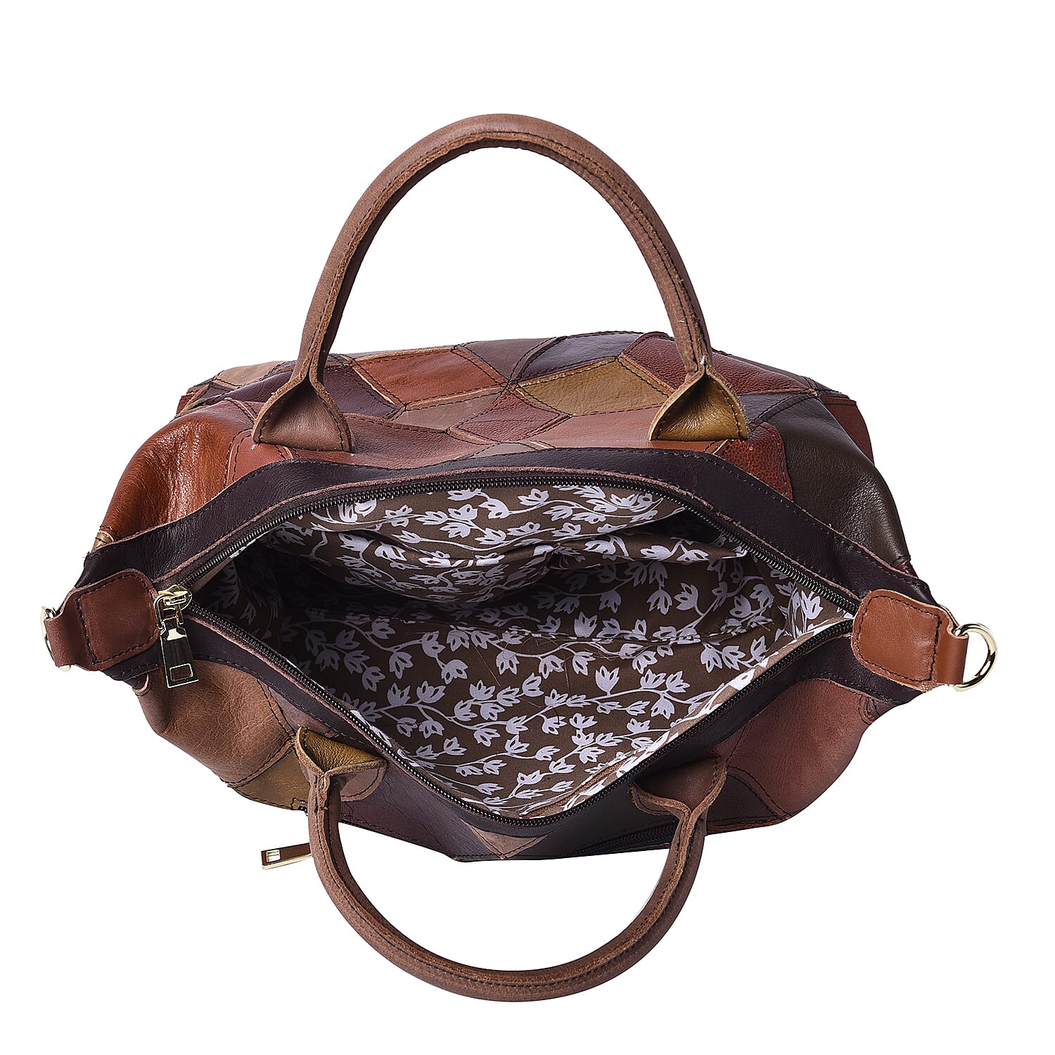 100% Genuine Leather Patch Tote Bag with Zipper Closure and Adjustable Shoulder Strap (Size 34x16x22 Cm) - Brown and Multi